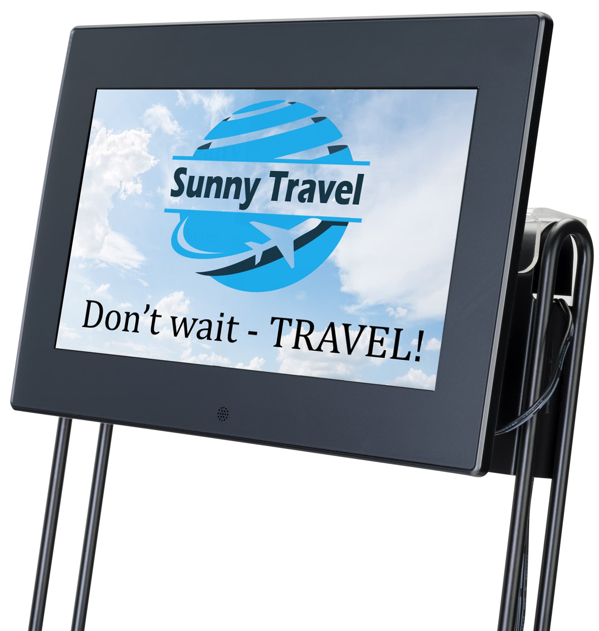 Digital screen brochure stand shown with content