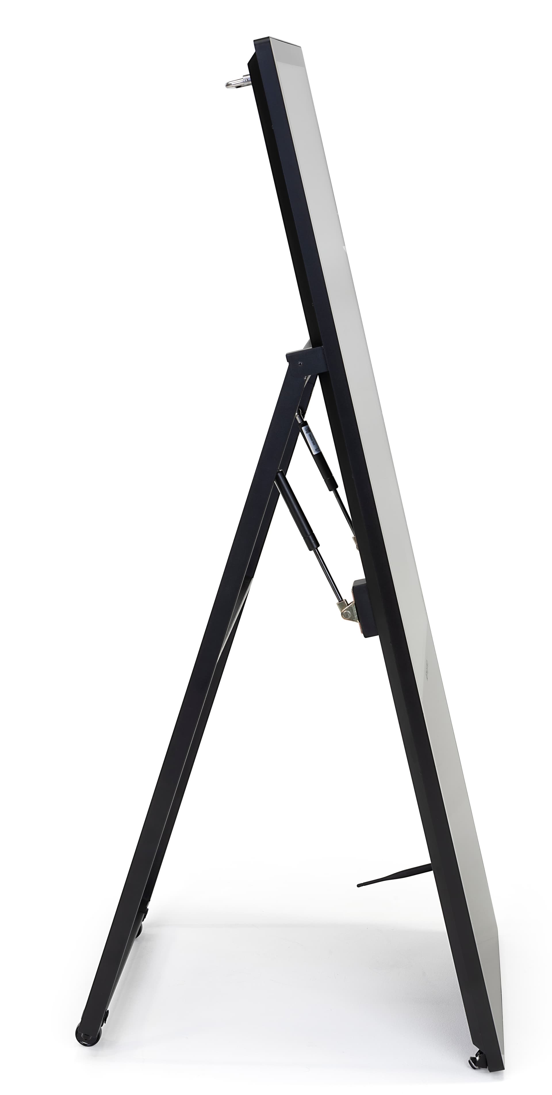 Digital sandwich board with two wheels and two rubber foot pads