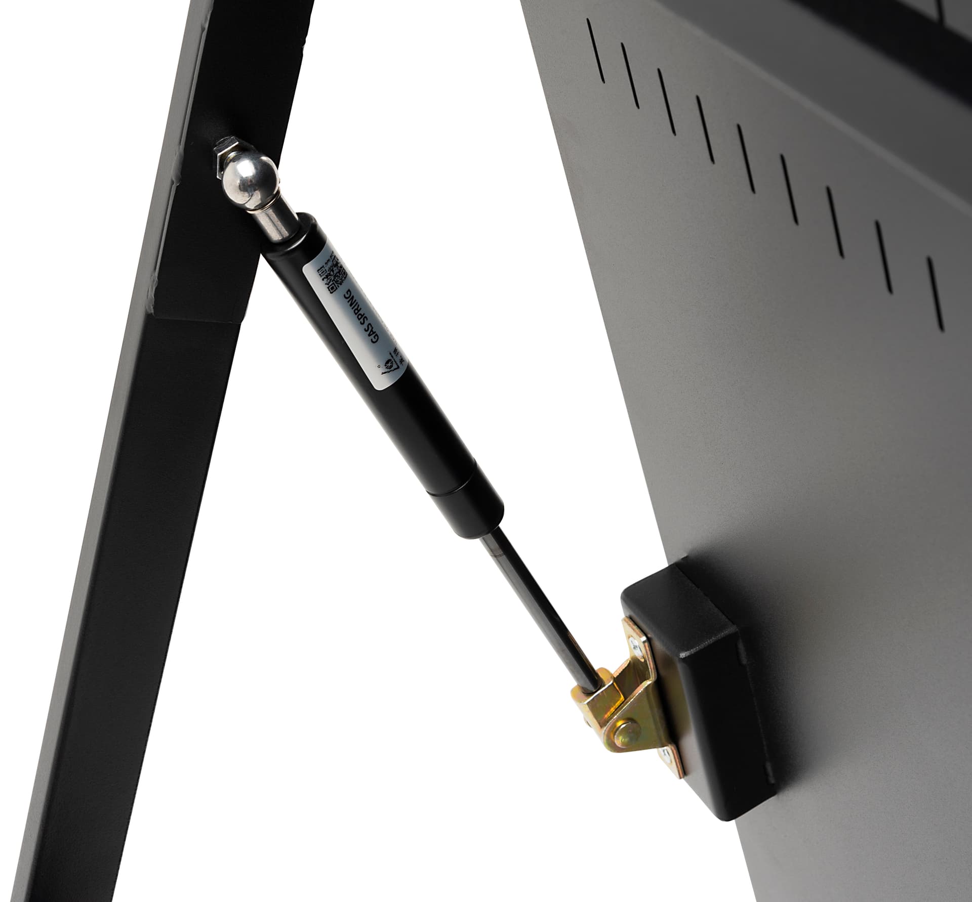 Close up of gas shock piston hinges on digital sandwich board