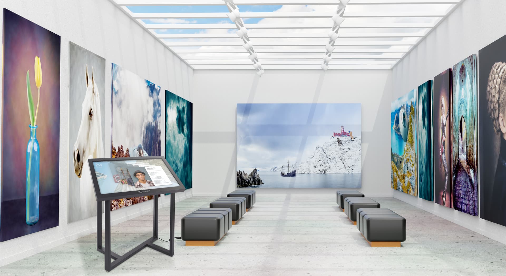 Interactive touch screen kiosk with speakers
