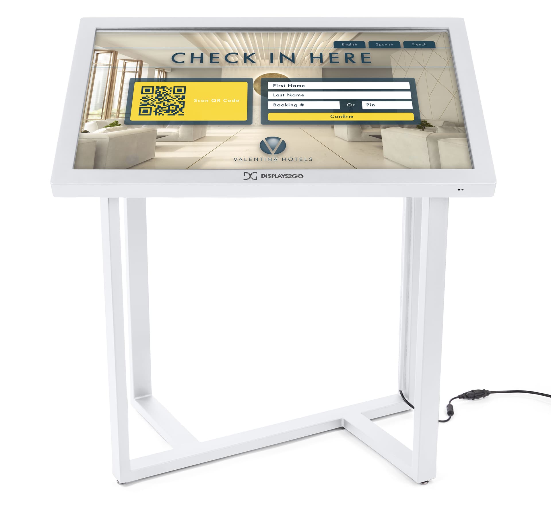 Interactive touch screen kiosk with sleek geometric base 