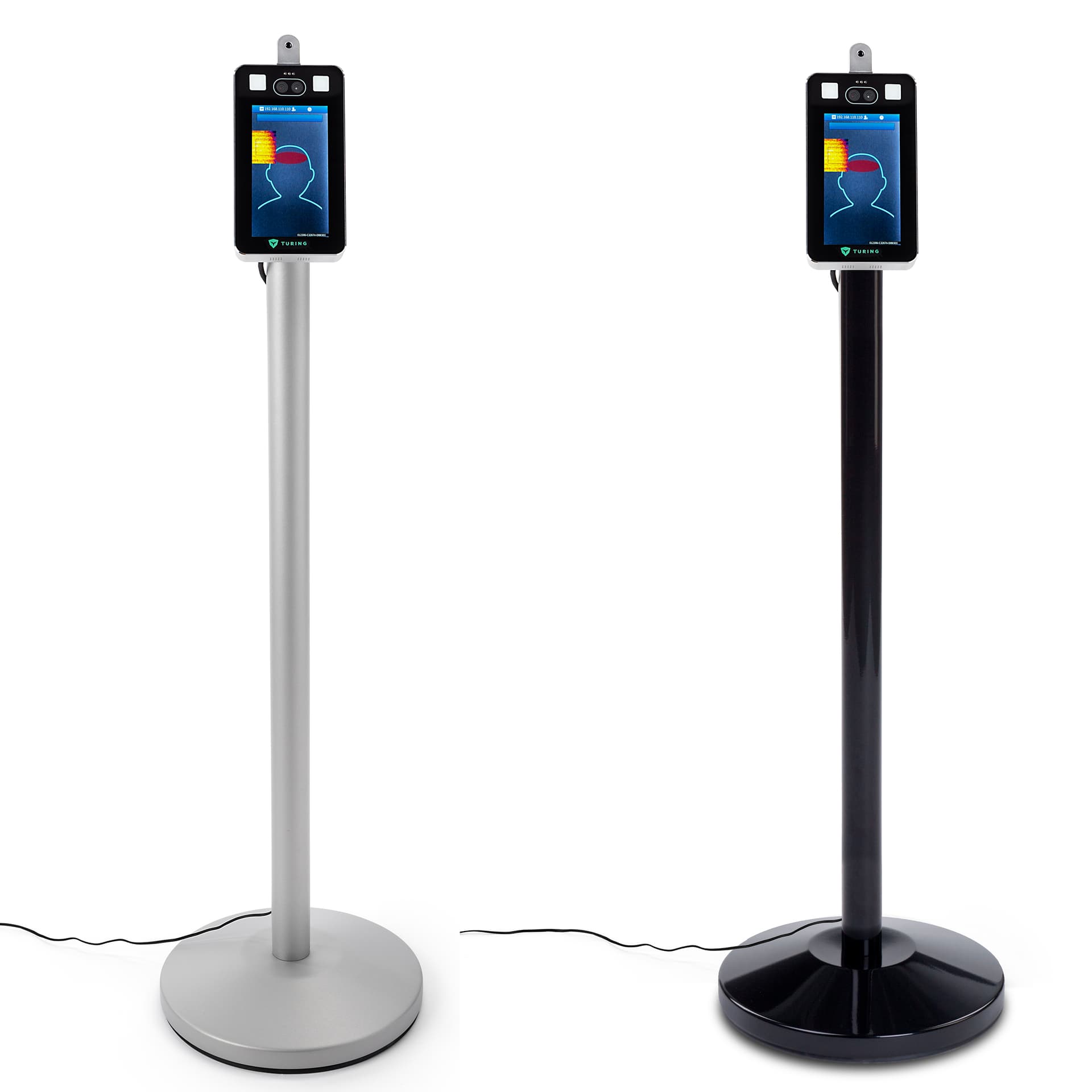 Non-contact body temperature screening kiosk with black or silver base color options