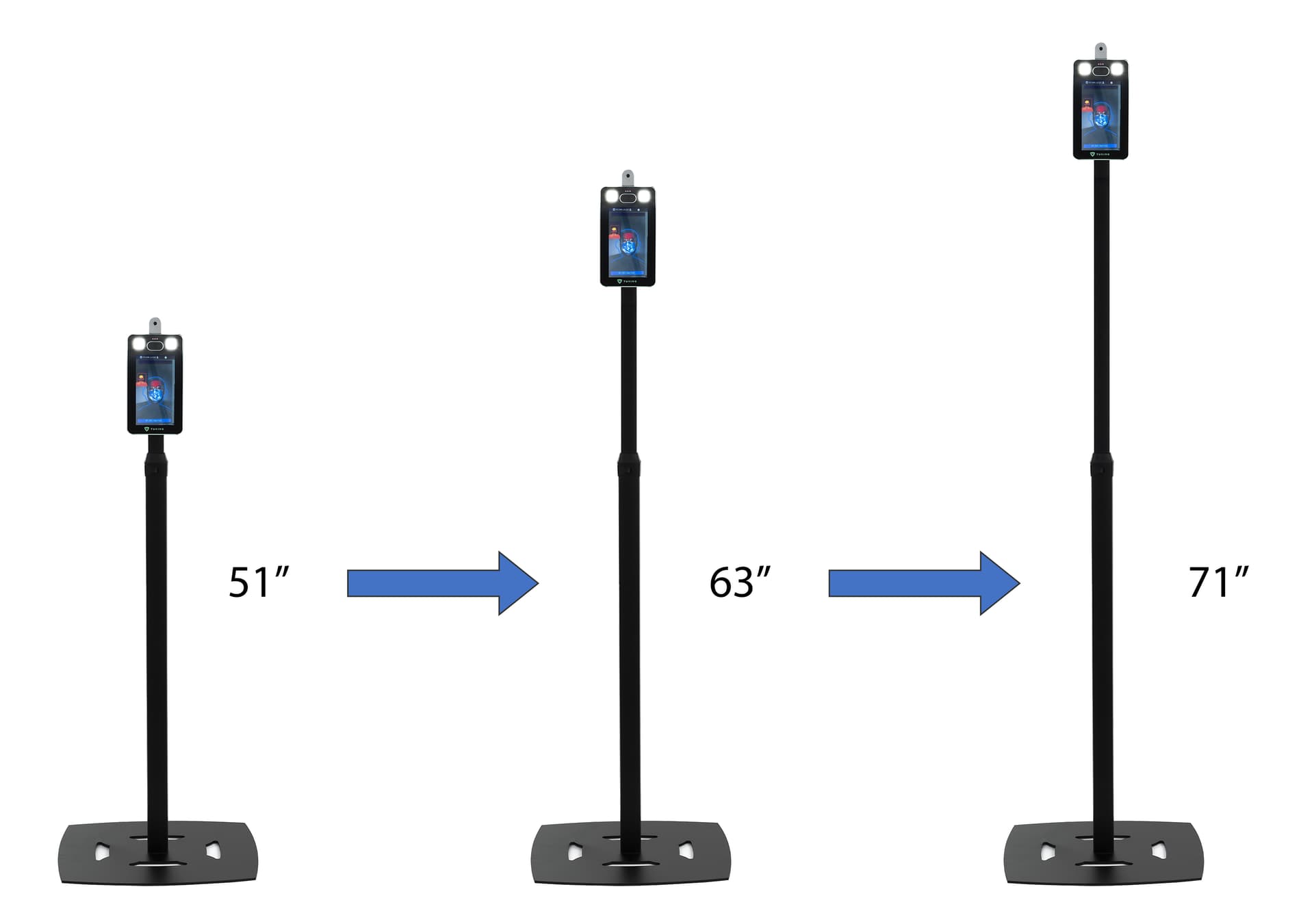 Adjustable height temperature kiosk with height range of 51 inches to 71 inches