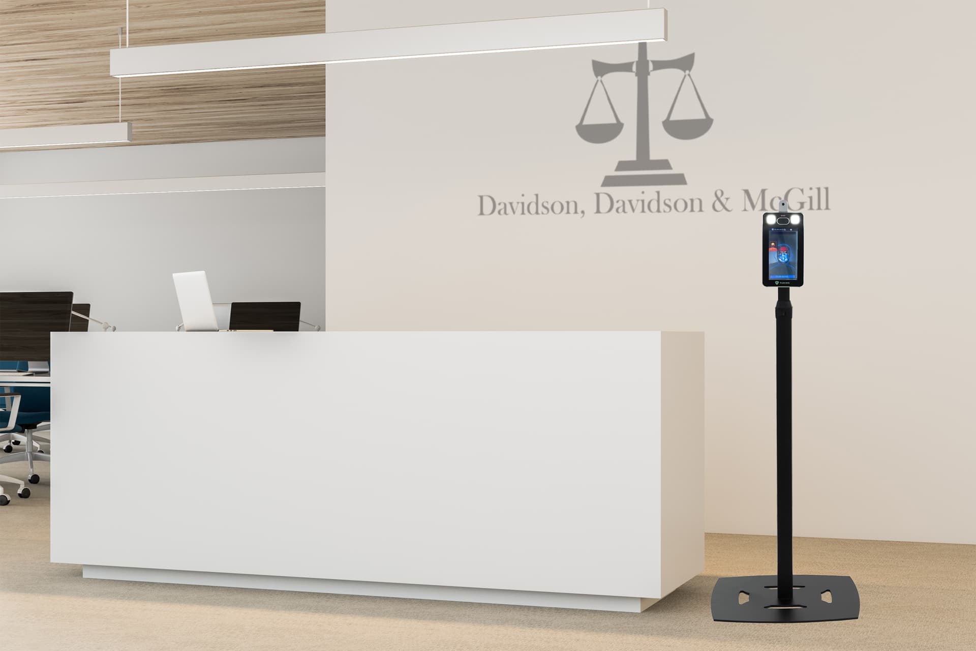 Adjustable height temperature kiosk with sleek and minimal design