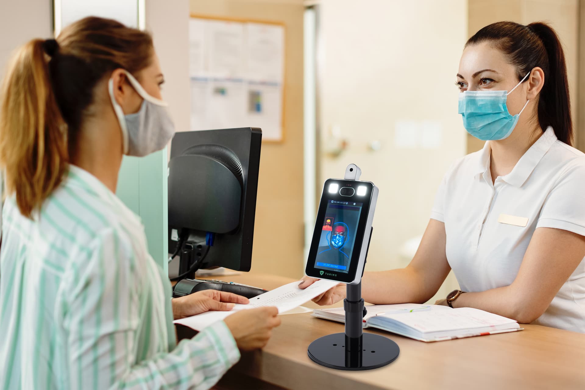 Adjustable countertop temperature screening device senses temps up to 107 degrees F