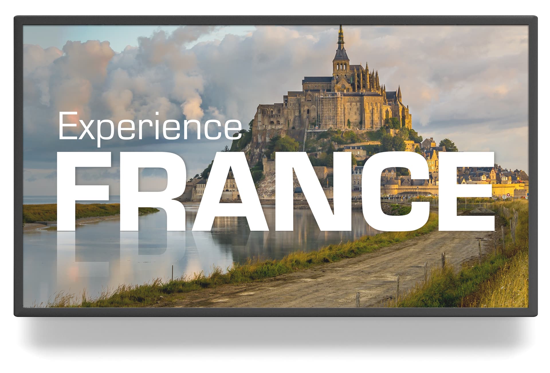 Digital signage monitor with imagery showcasing a graphic promoting a go to France advertisement in a 1920 by 1080 resolution