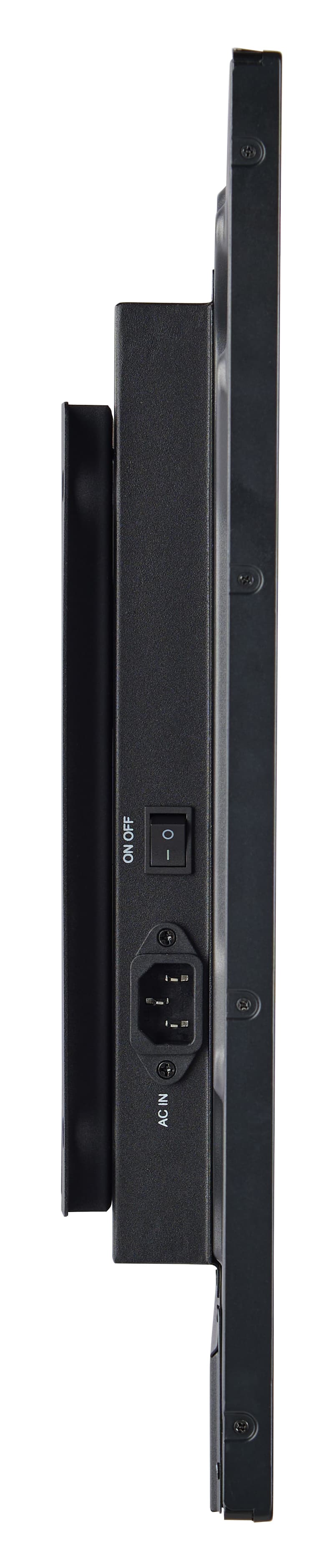 Digital signage monitor with a side view of the monitor with the included wall mount attached