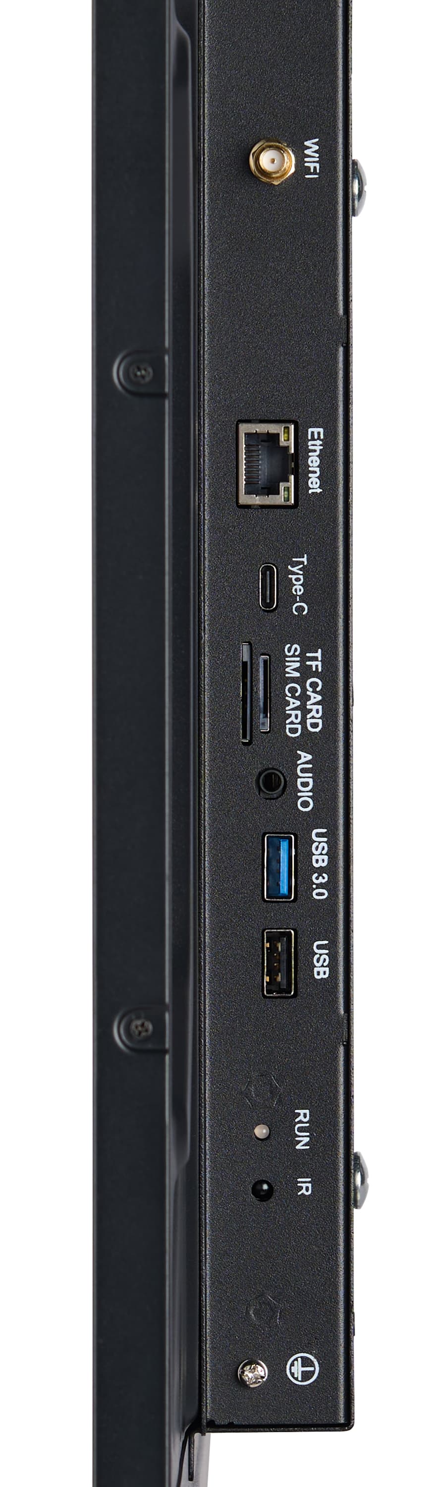 Digital signage monitor with ethernet, USB type-C, TF and SIM card reader, audio, USB 3.0, and USB 2.0 ports