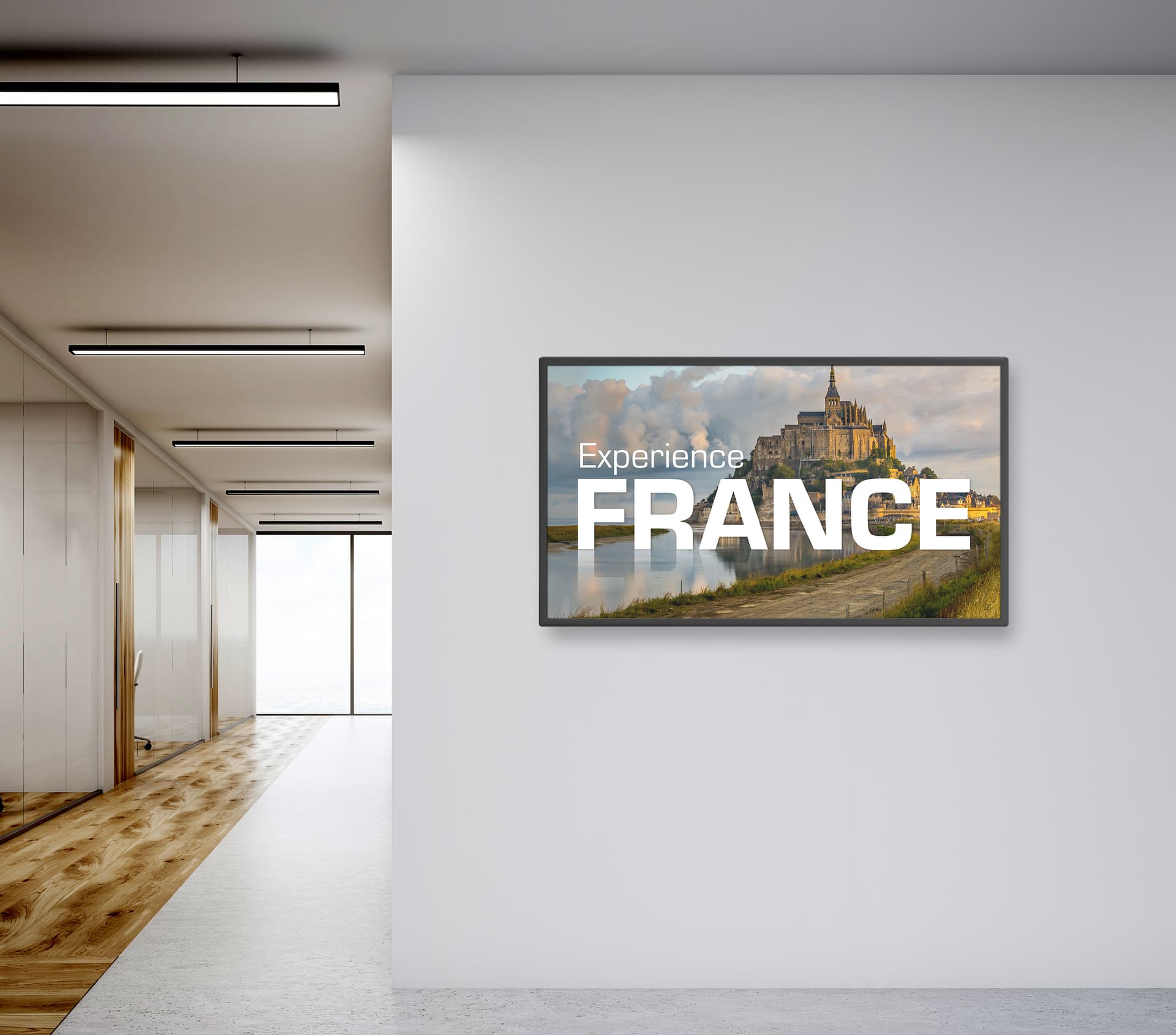 Digital signage monitor in an office environment for a travel agency displaying travel promotions to France