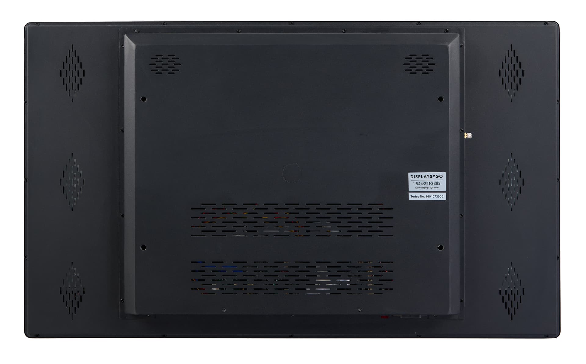 Wall mount touch screen monitor showcasing the back of the unit where the mounting holes are located