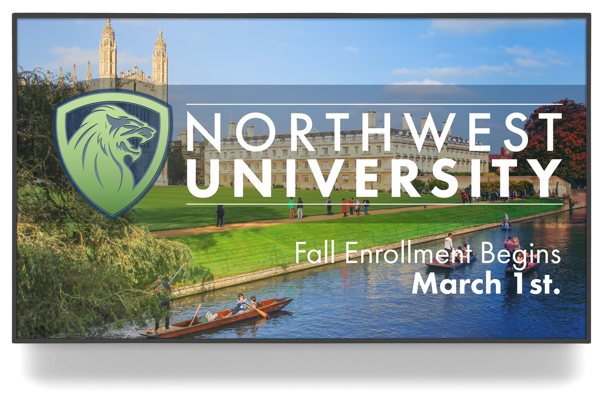 Digital signage monitor with a graphic of a university fall enrollment being shown