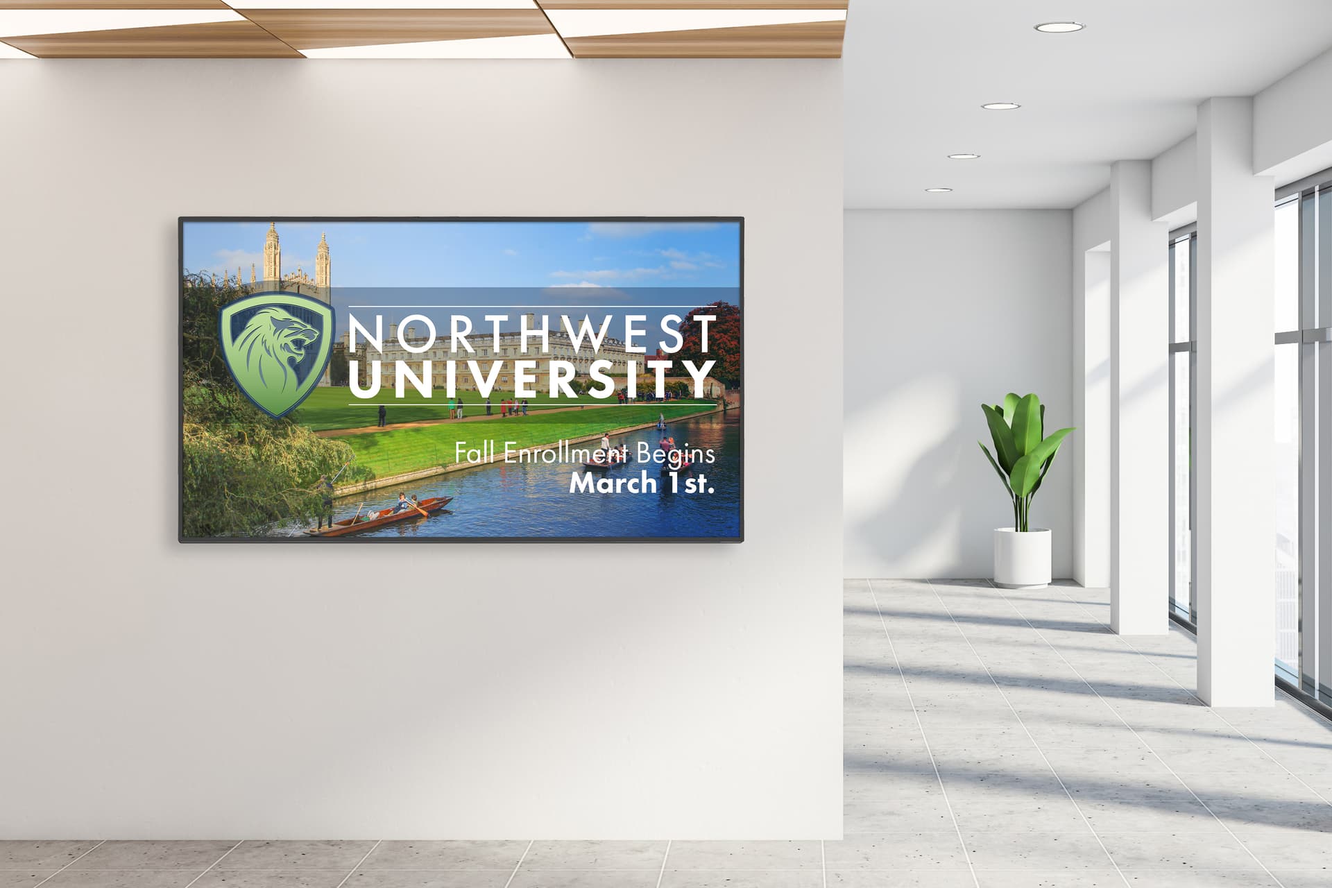 Digital signage monitor with a college promotion being advertised in a building or inside a college campus