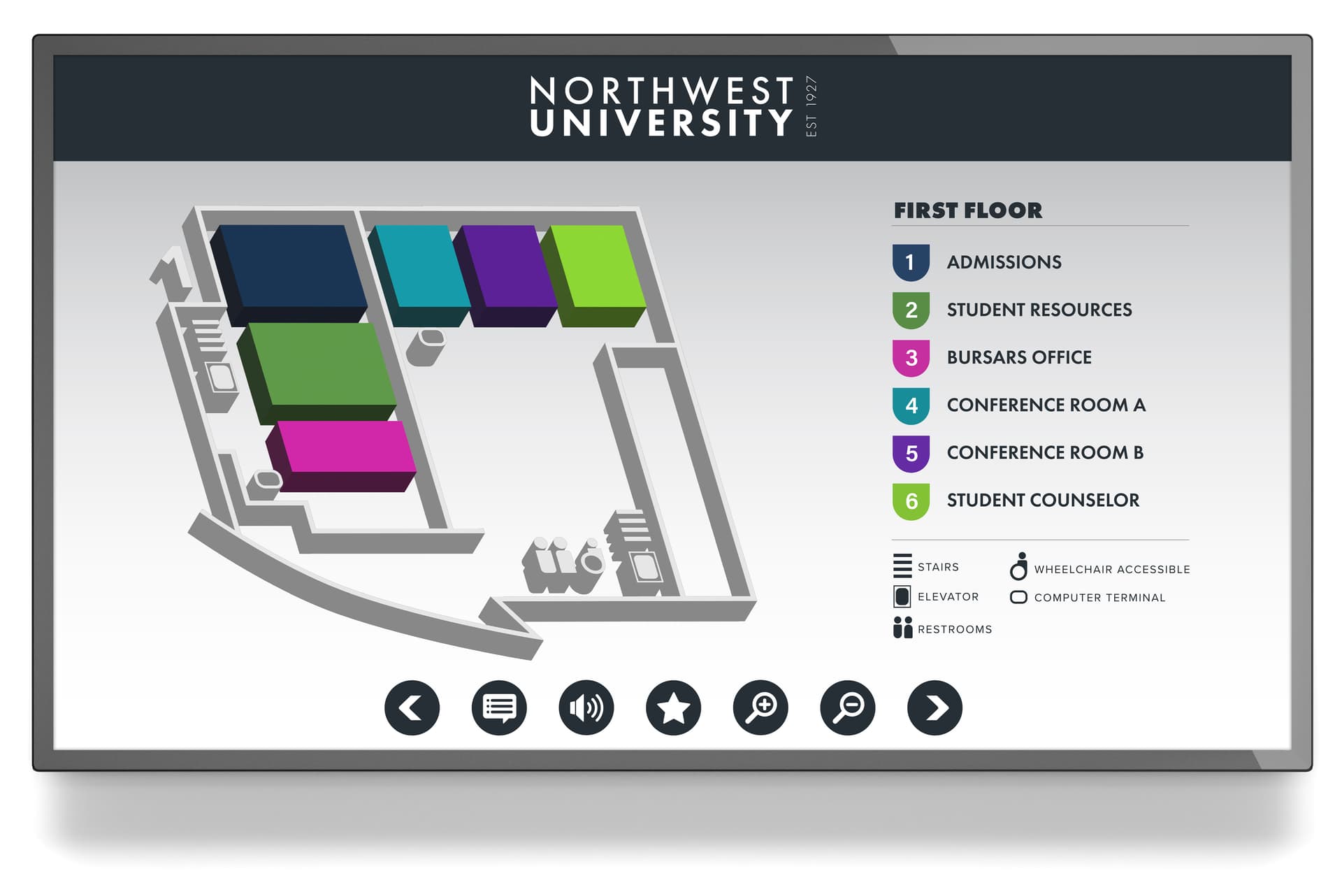 Wall mount touch screen monitor with a graphic showcasing an interactive wayfinding map of a college university
