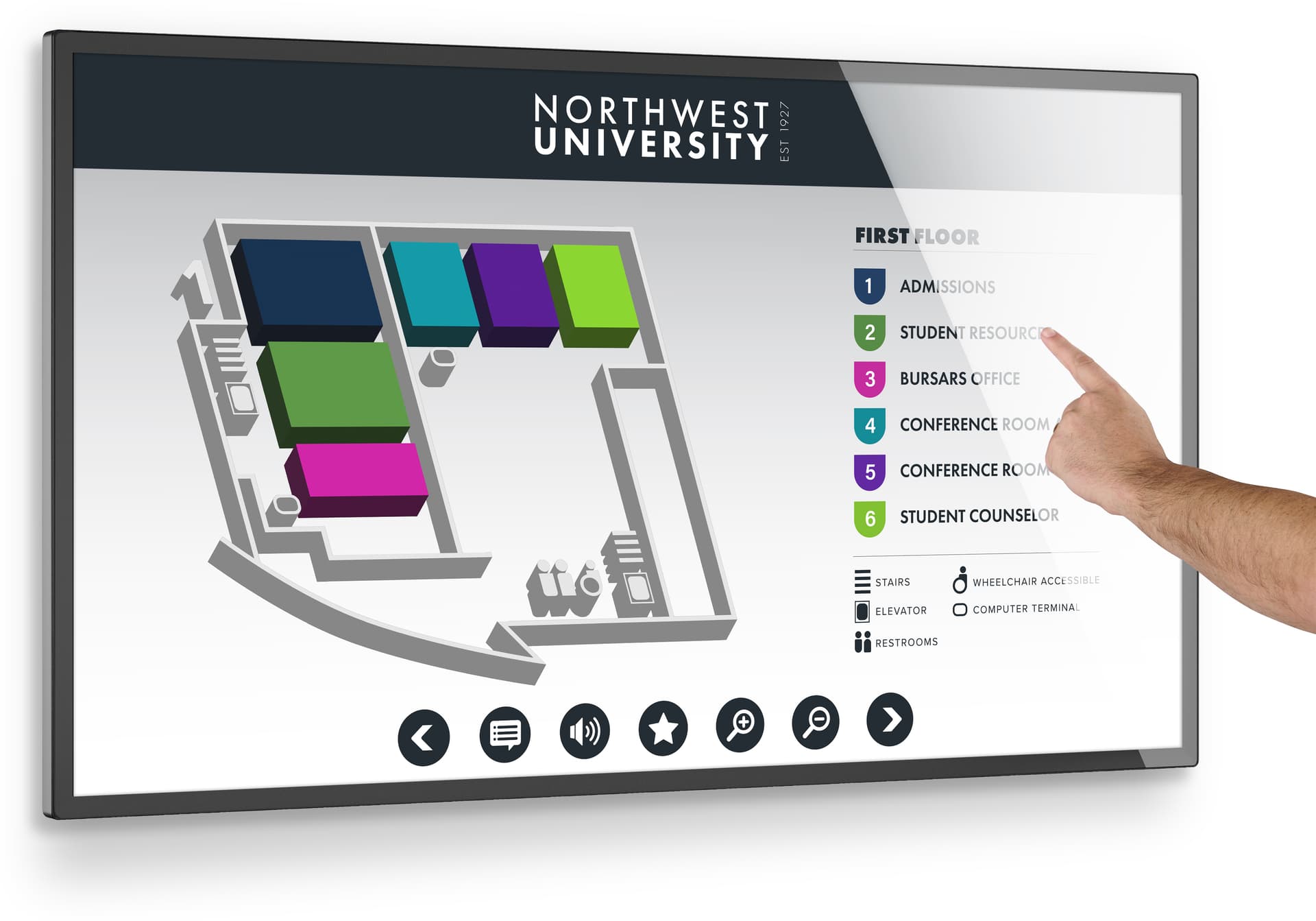 Wall mount touch screen monitor with a student interacting with the wayfinding map of a college university campus