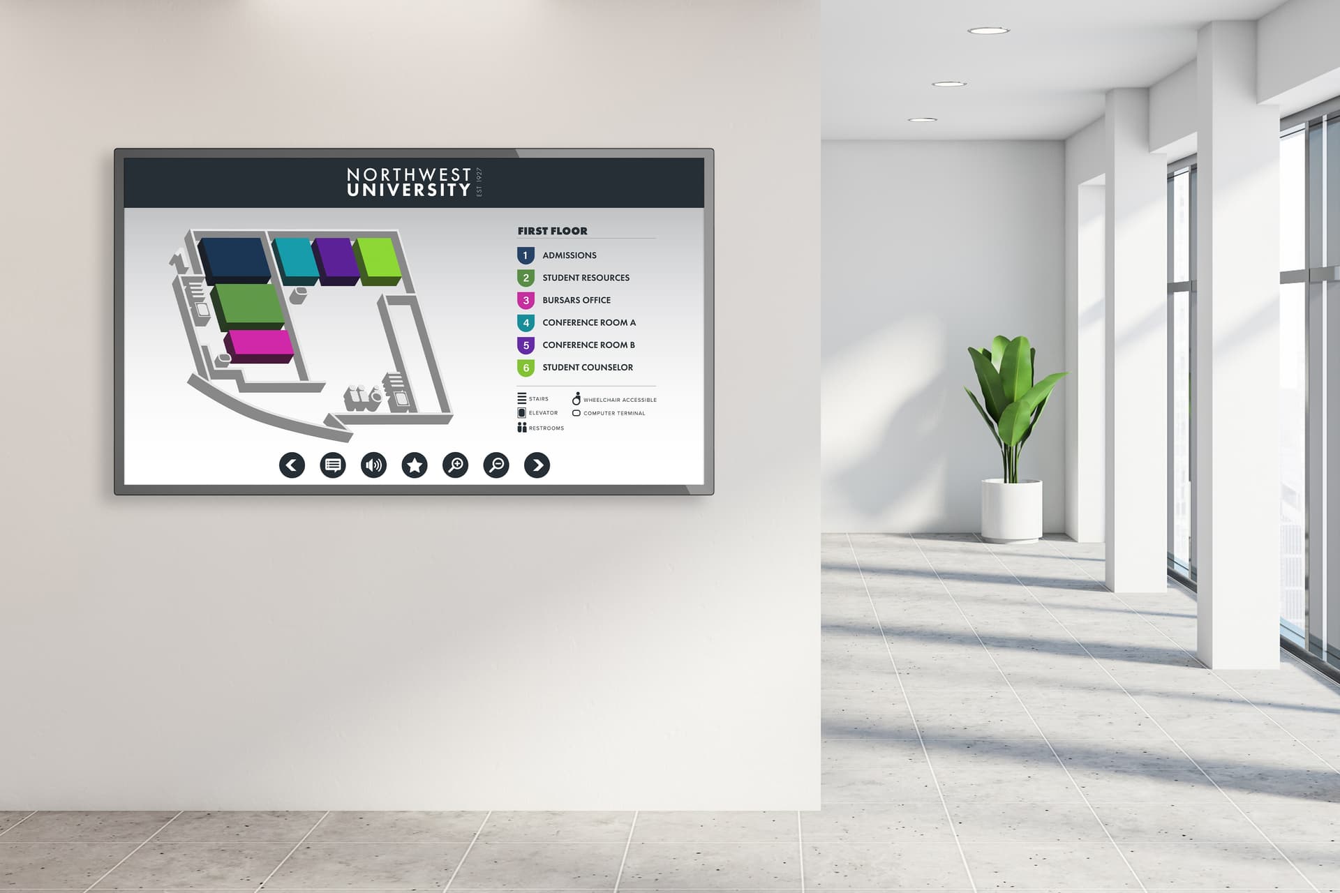 Wall mount touch screen monitor with an interactive college campus map in a campus building