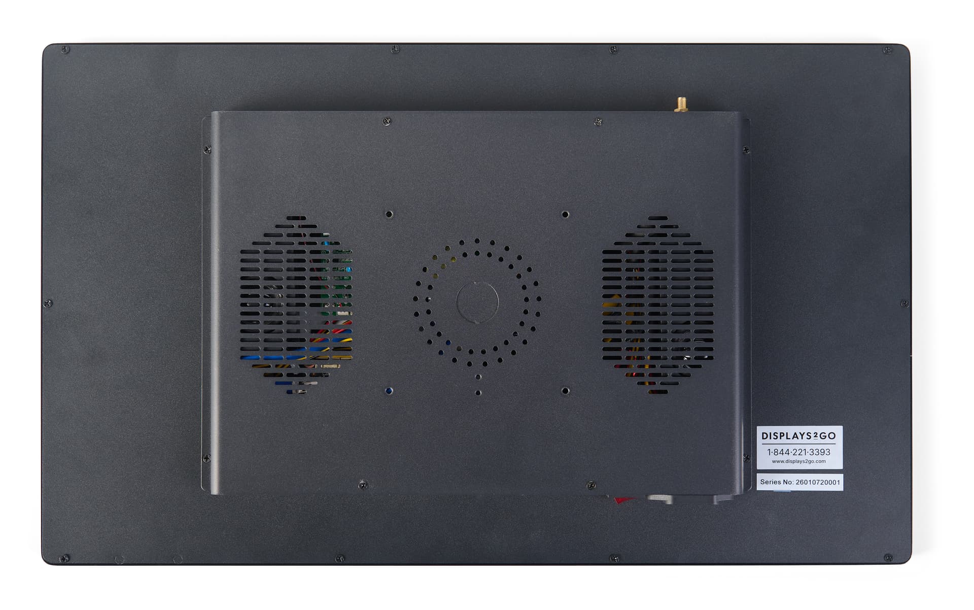 Wall mount touch screen monitor showcasing the back of the unit where the mounting holes are located