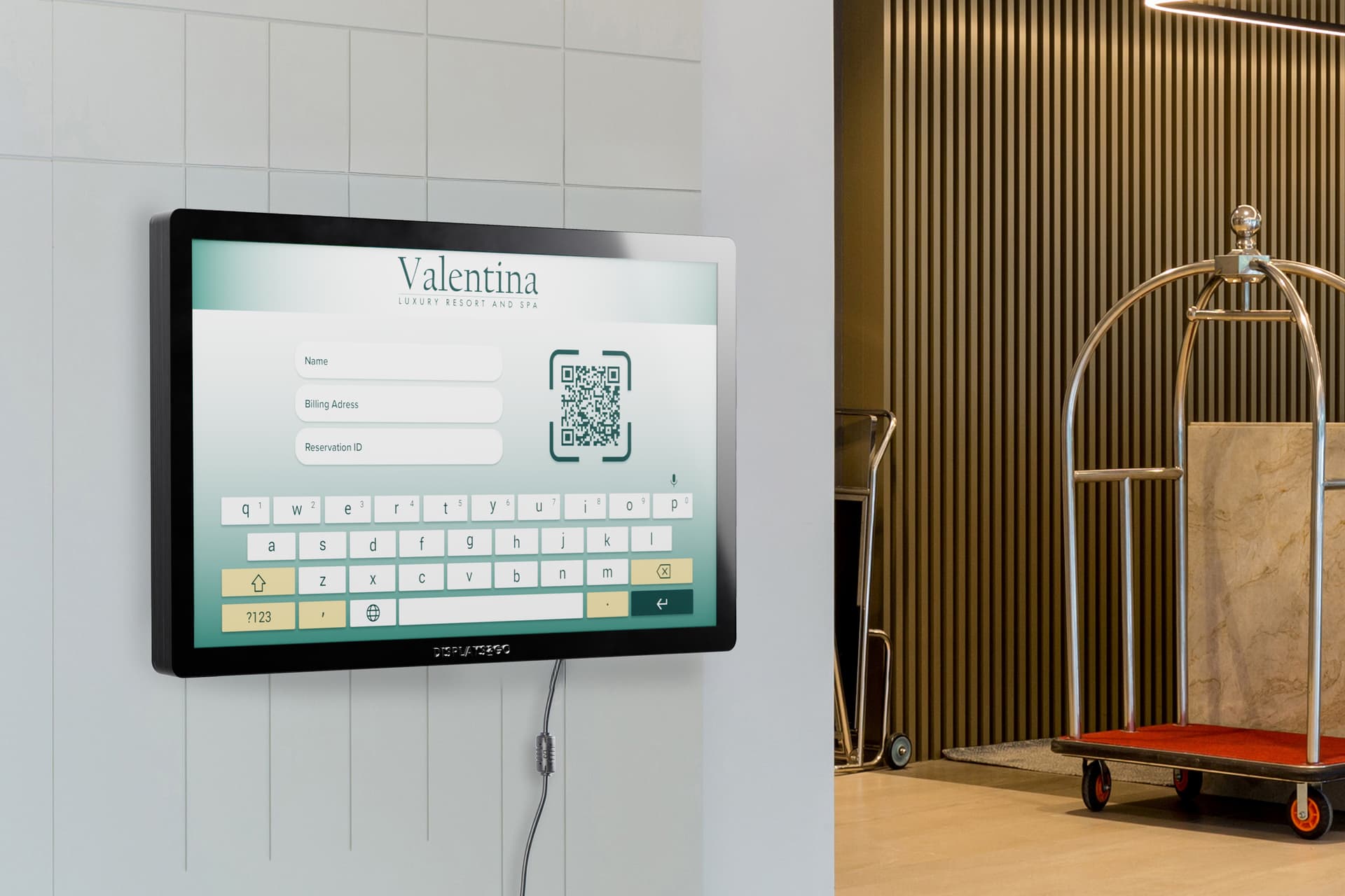 Wall mount touch screen monitor being used as a lobby check-in for a hotel