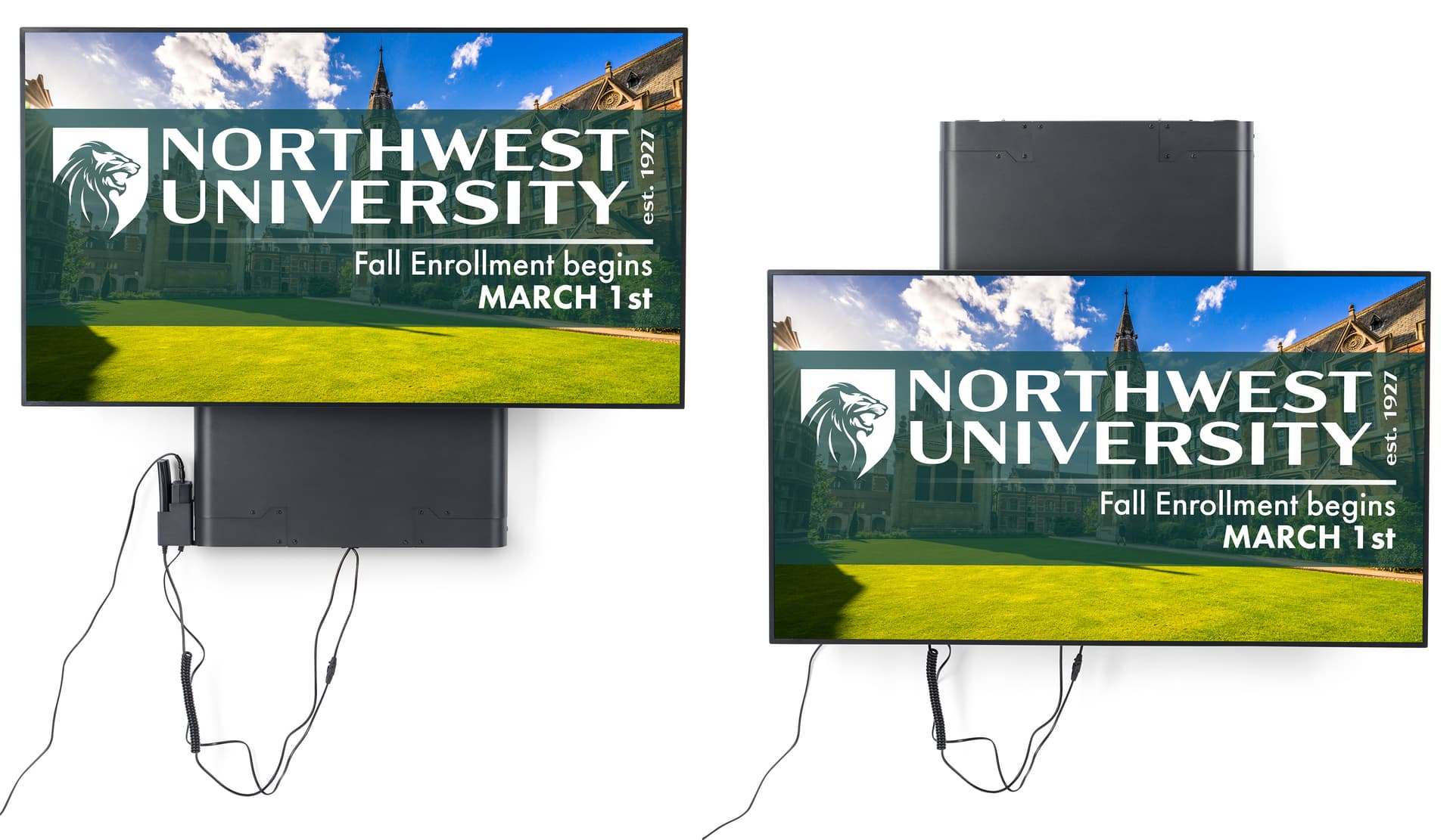 Motorized TV wall mount being showcased at different maximum and minimum heights