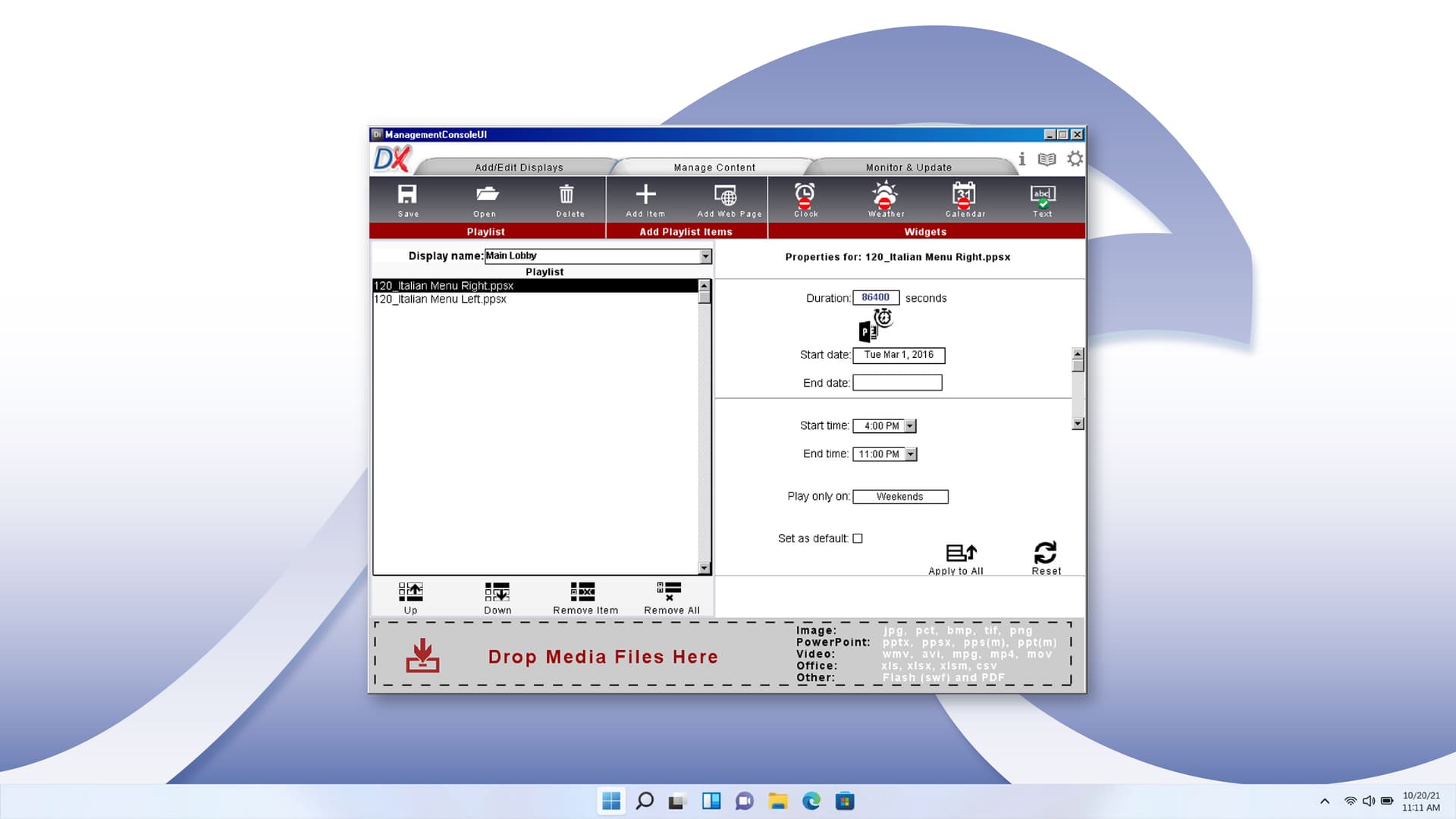 Digital signage content management software with text and RSS capabilities for announcements and new feeds