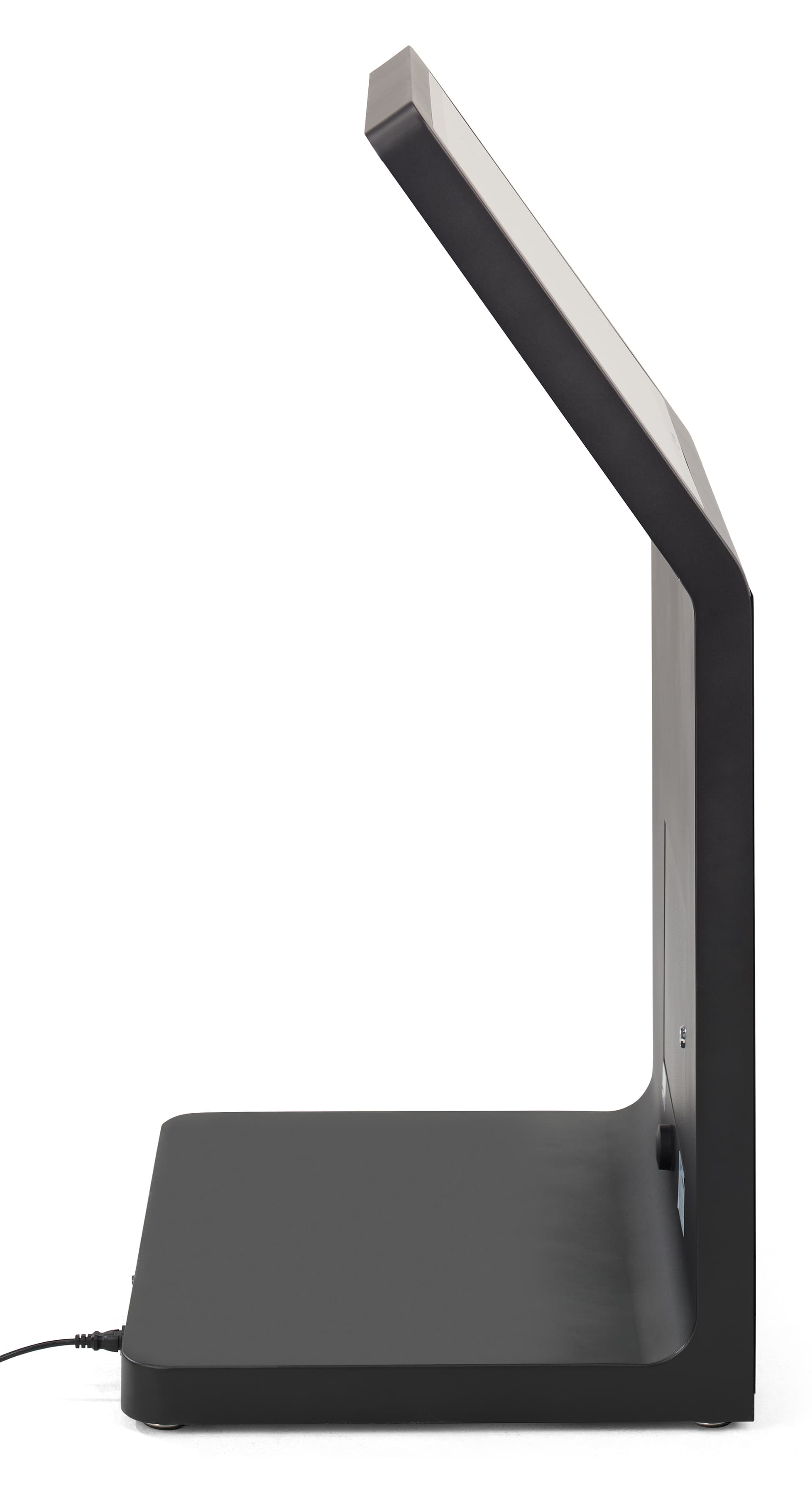 Touch screen kiosk with camera showcasing its sleek slanted side angle