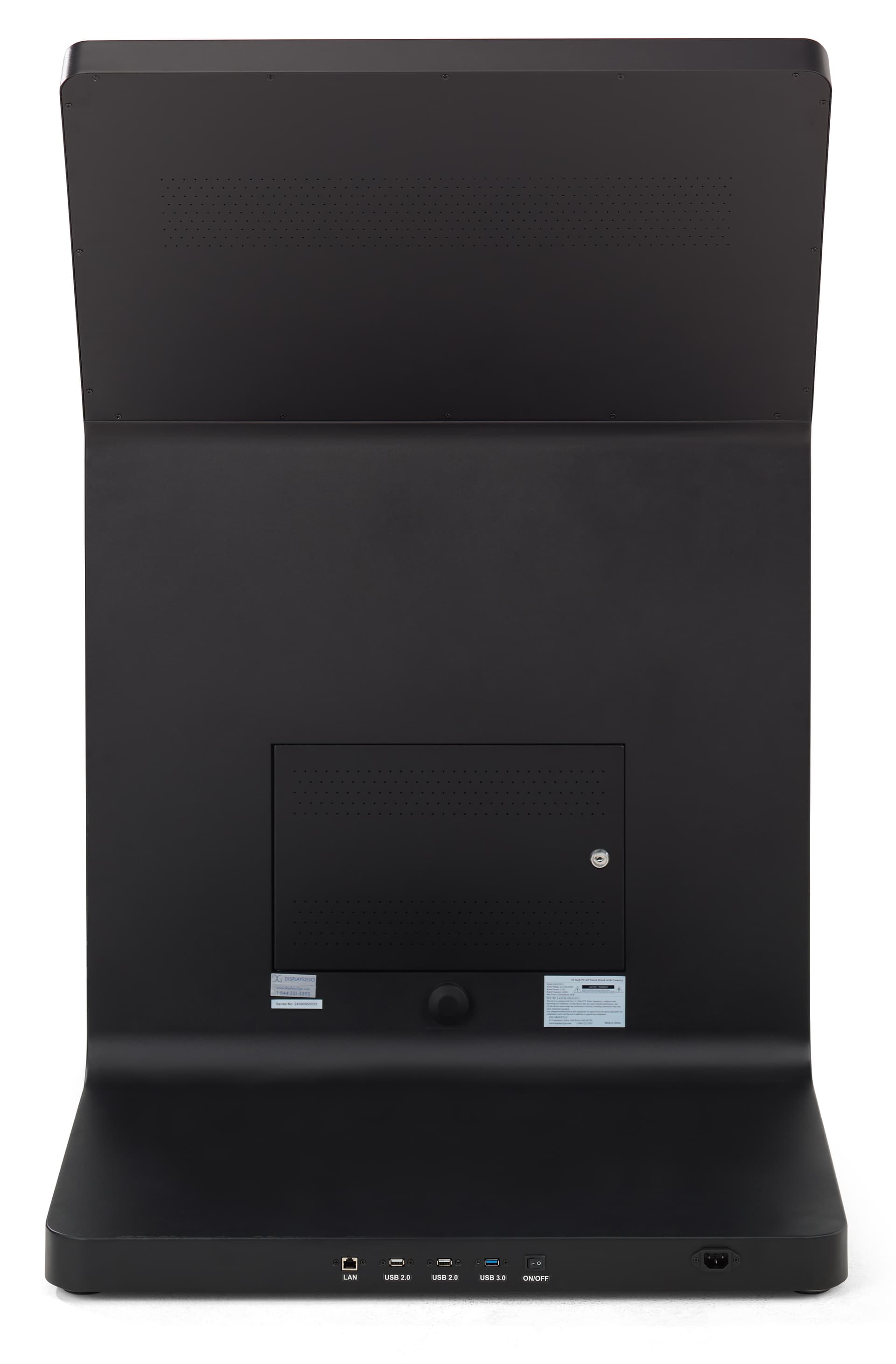 Touch screen kiosk with camera showcasing the back of the unit where the ports and antenna are located