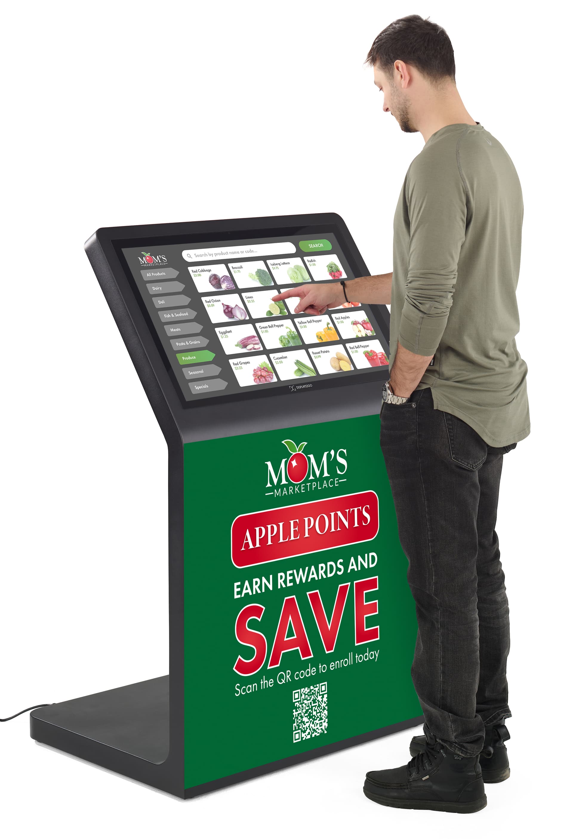 Touch screen kiosk with camera with an individual interacting with the 49.2 inch tall interactive unit