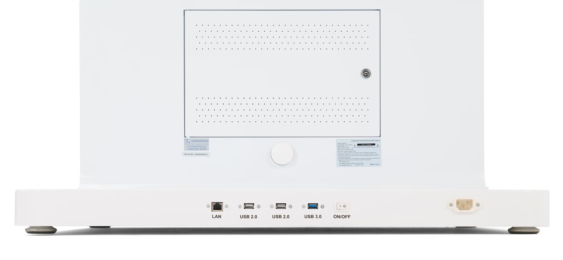 Touch screen kiosk with camera with ports located on the back of the base of the interactive unit