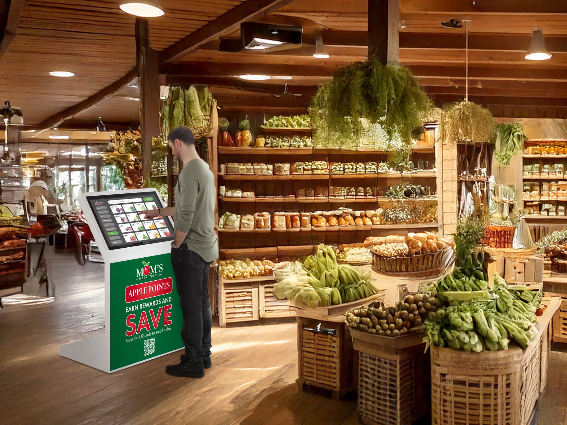 Touch screen kiosk with camera being used in a health food grocery store