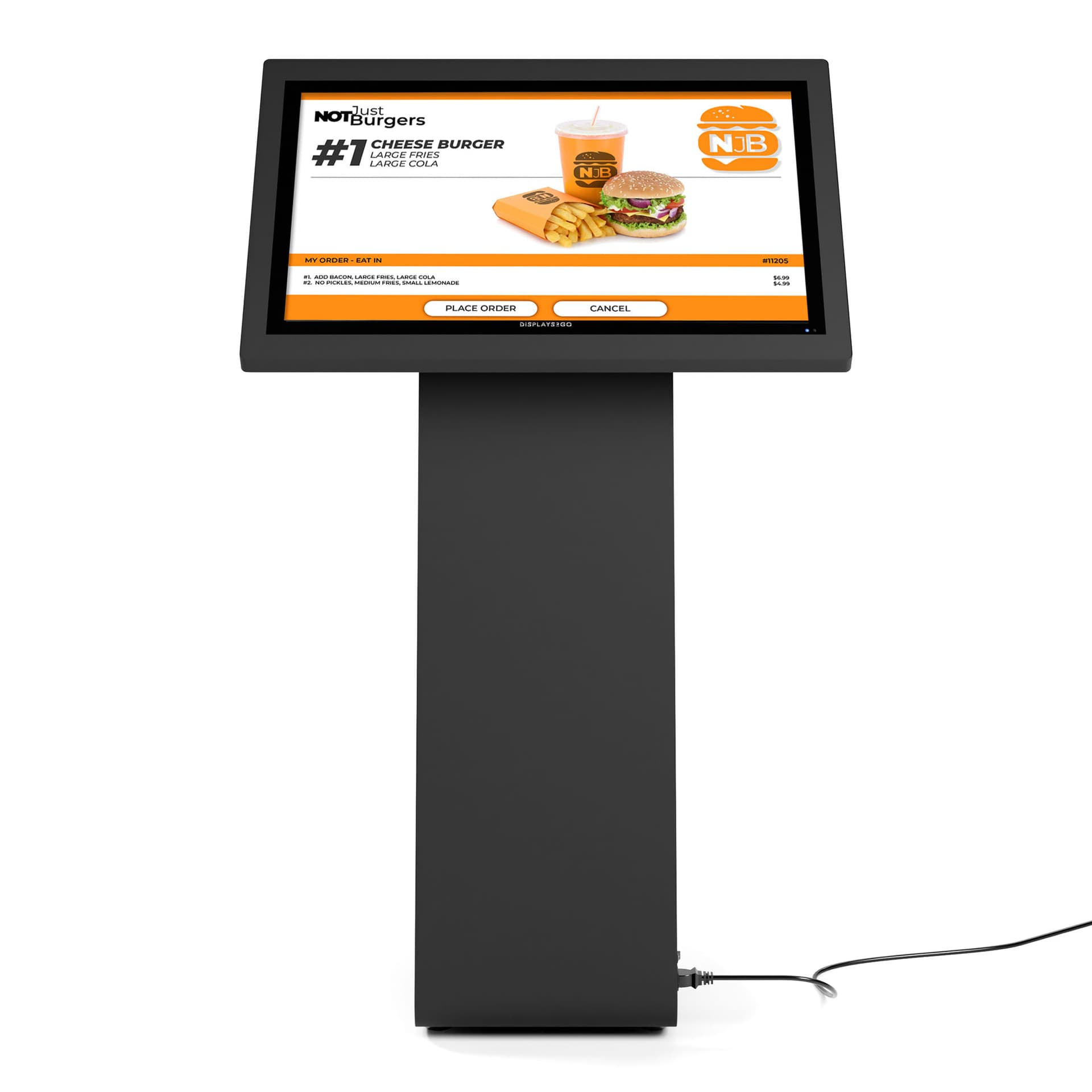 Horizontal touch screen display floor stand invites customers and patrons to interact with the screen