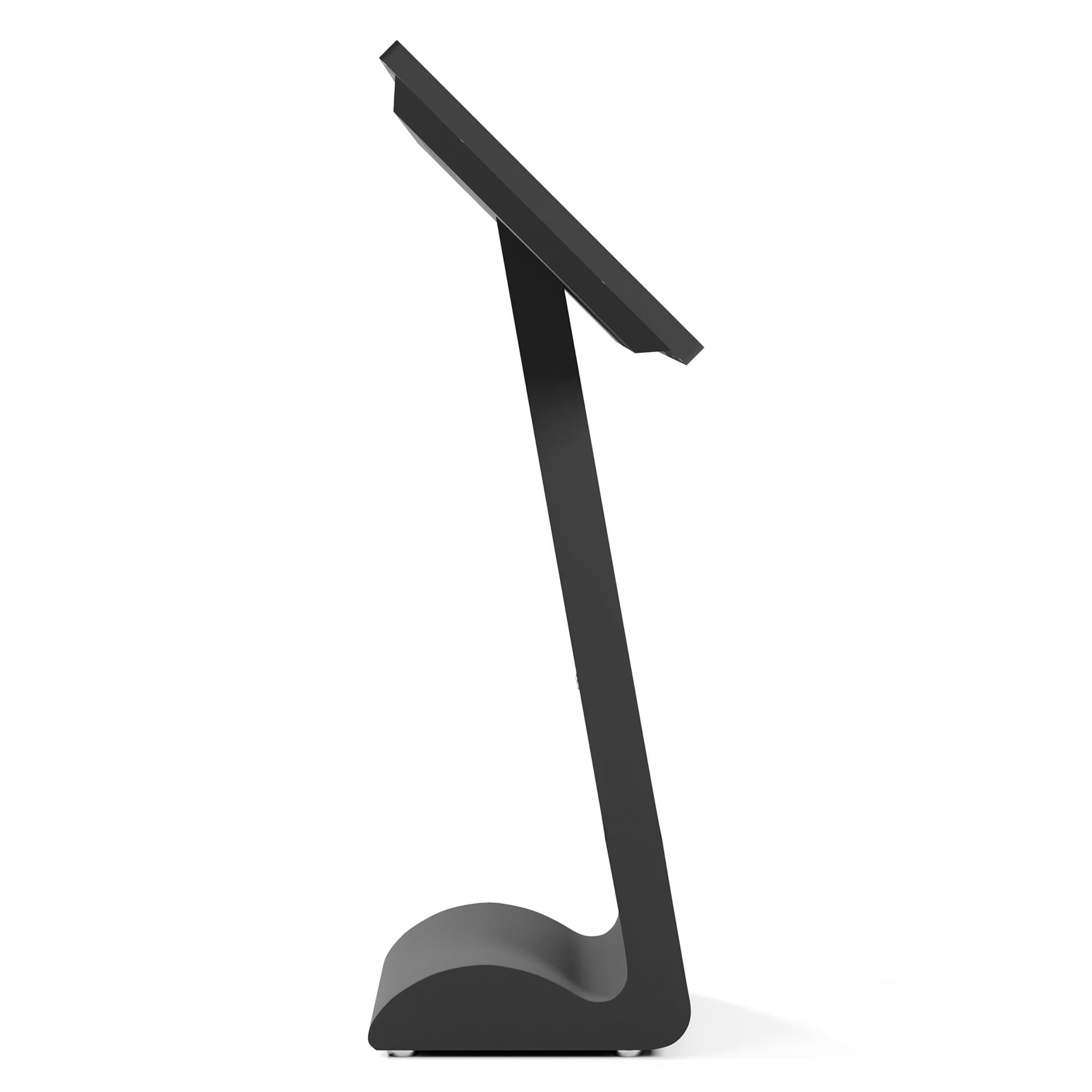 Horizontal touch screen display floor stand features an elegant side profile design