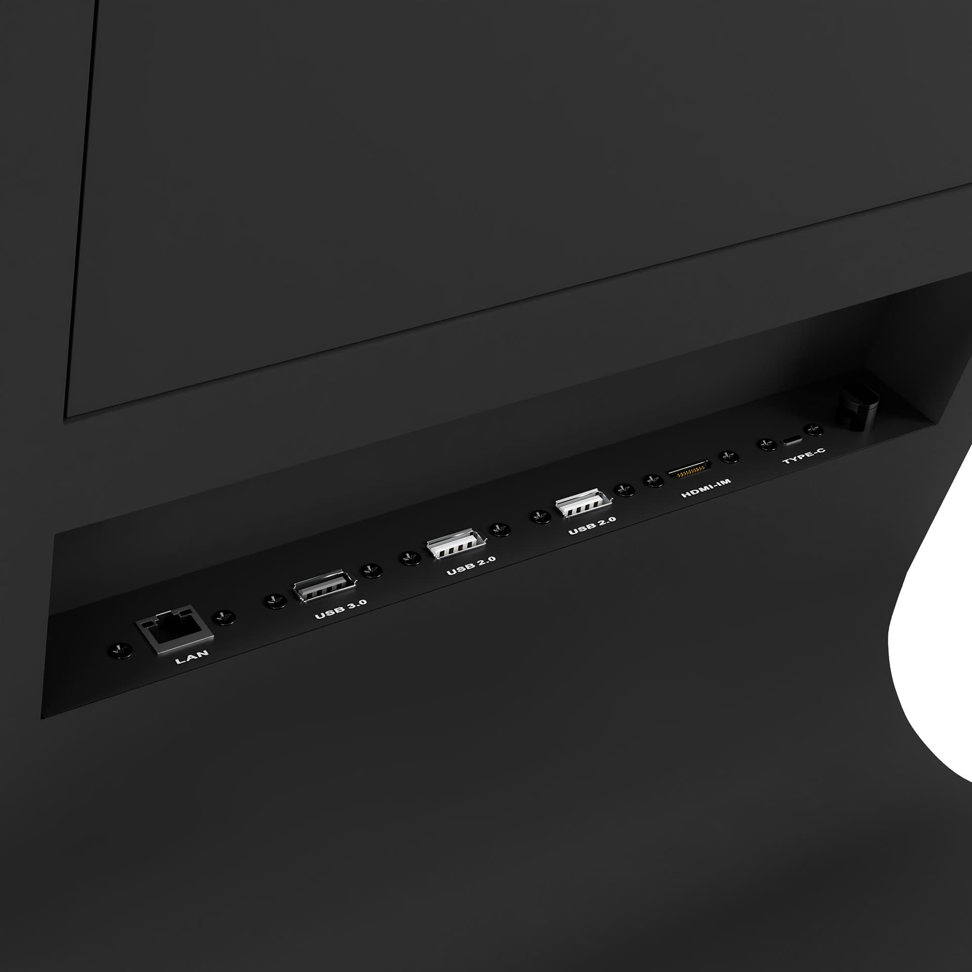 Horizontal touch screen display floor stand offers lots of connection options in its array of ports