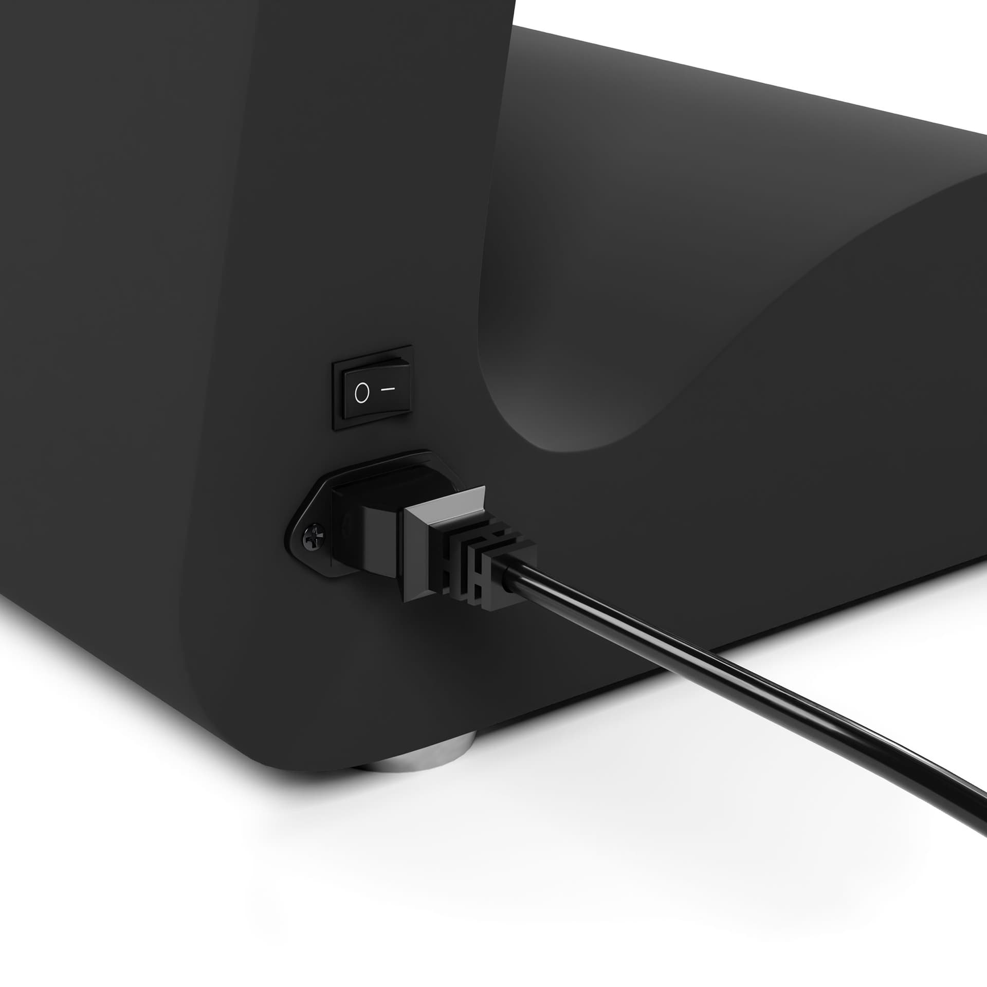 Horizontal touch screen display floor stand power switch is located near the power cable plug-in