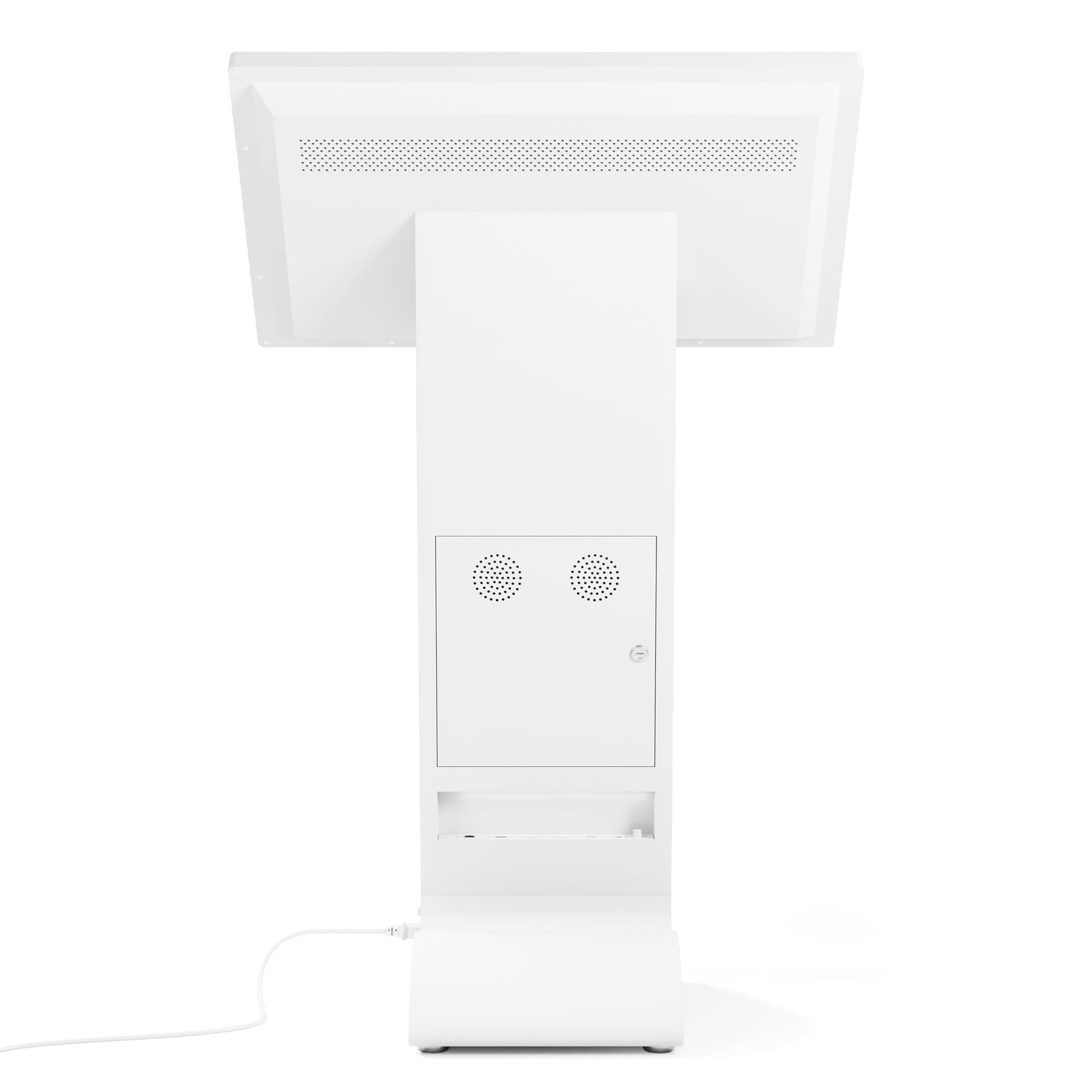 Horizontal touch screen display floor stand features several speaker and cable port options