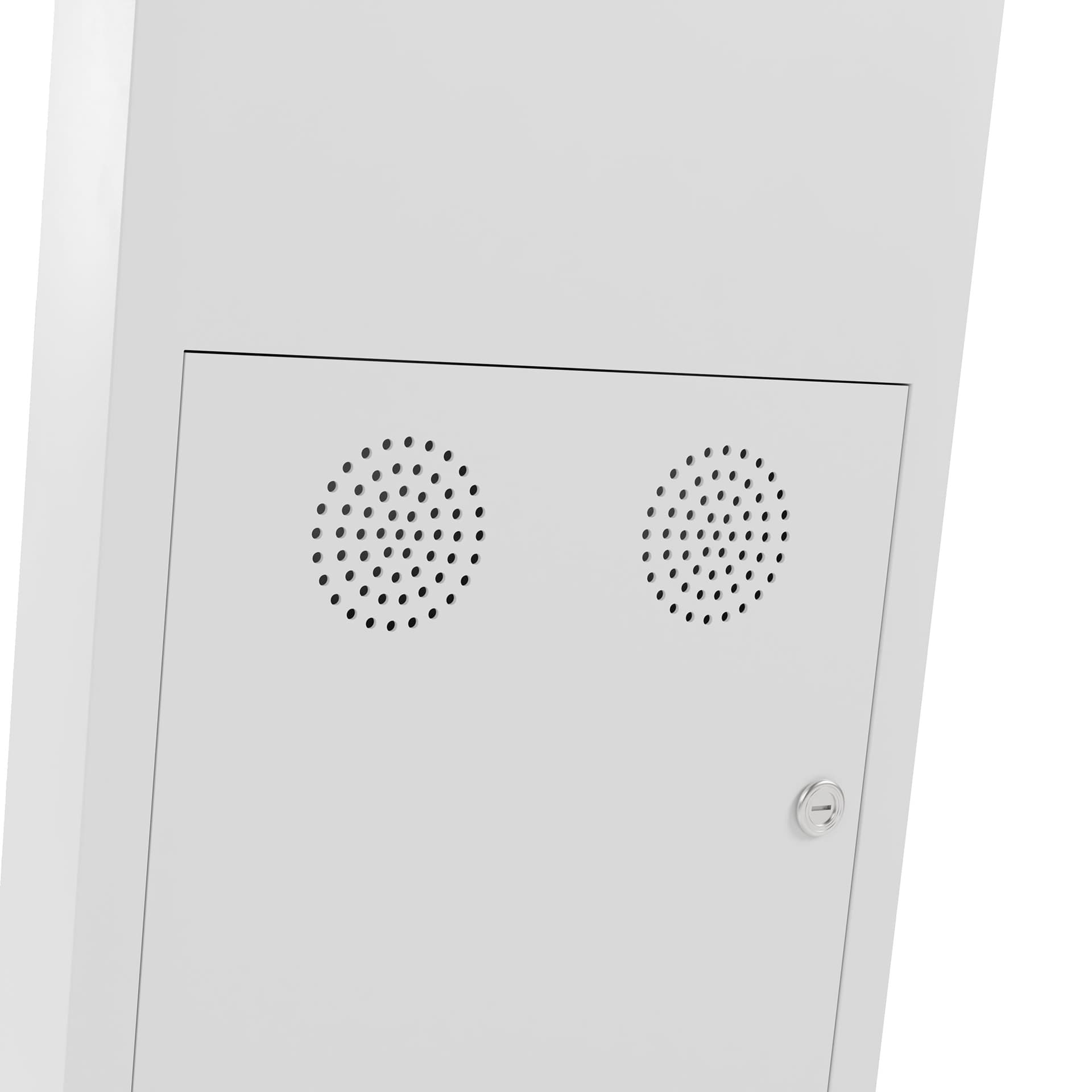 Horizontal touch screen display floor stand has two speakers rated at 10 watts each