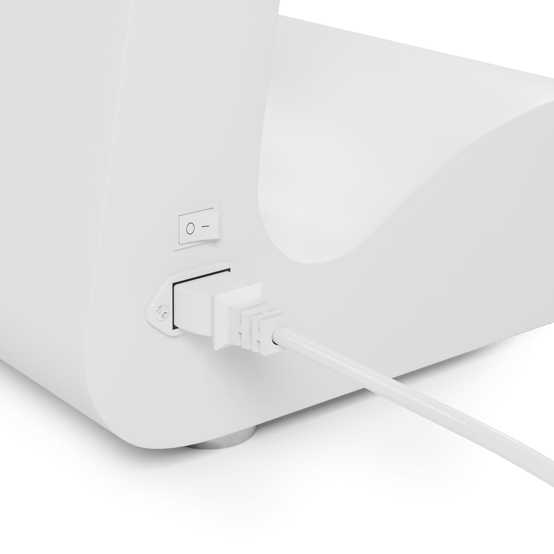 Horizontal touch screen display floor stand has power cord outlet and on/off switch located near the base