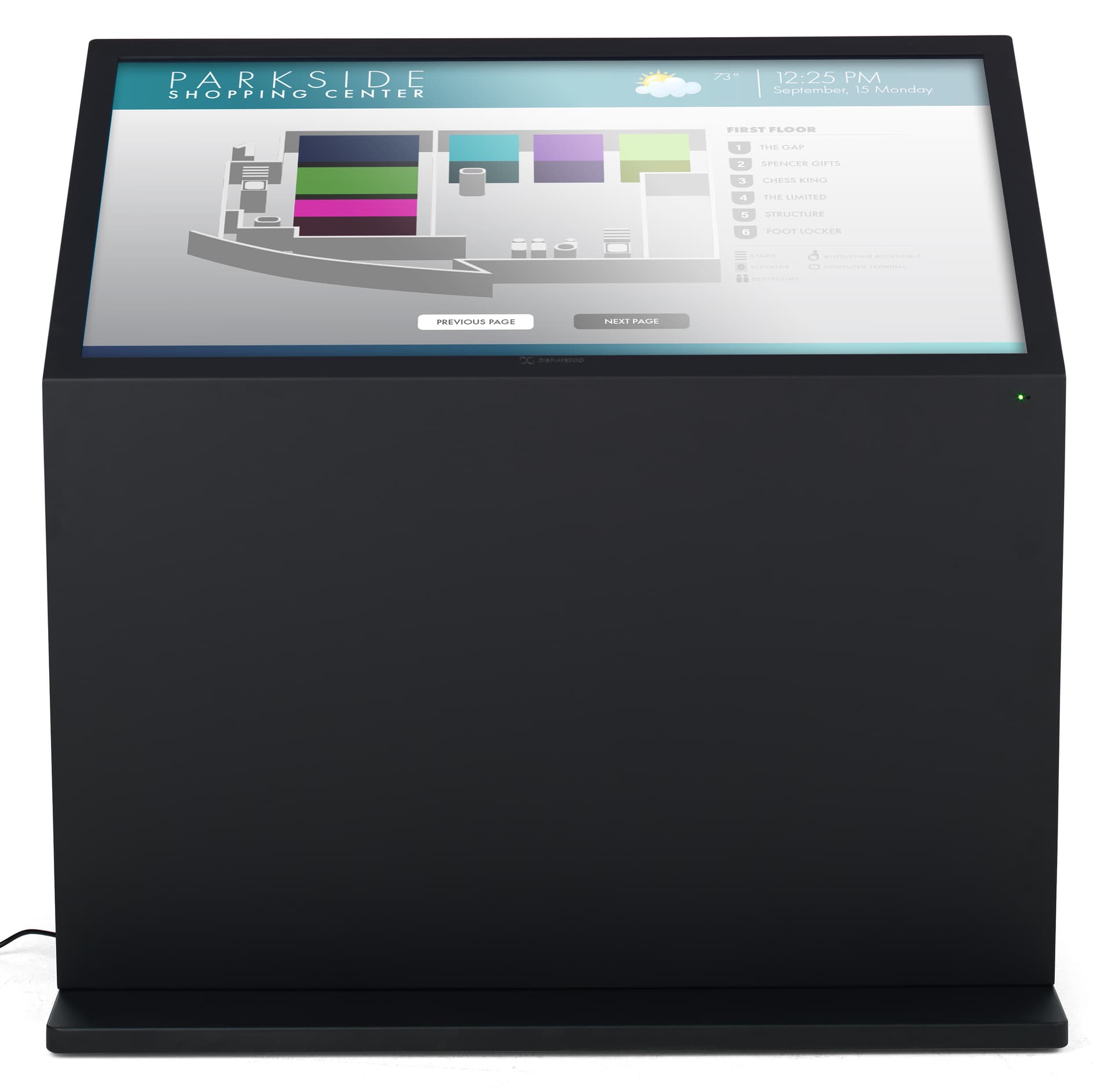 Touch screen interactive kiosk with a sharp 1080p screen resolution displaying a wayfinding graphic