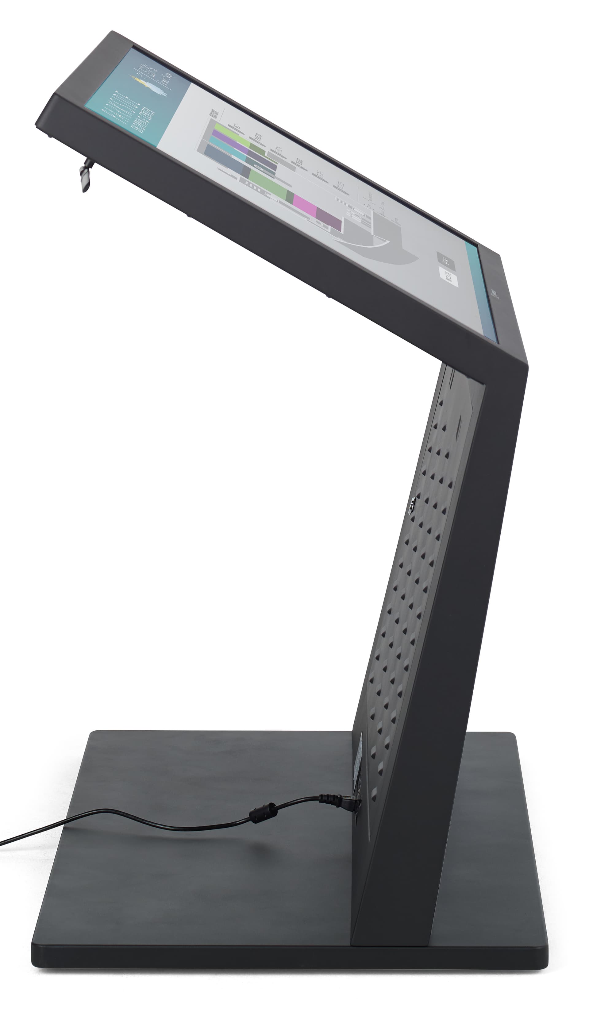 Touch screen interactive kiosk showcasing its sleek slanted side angle