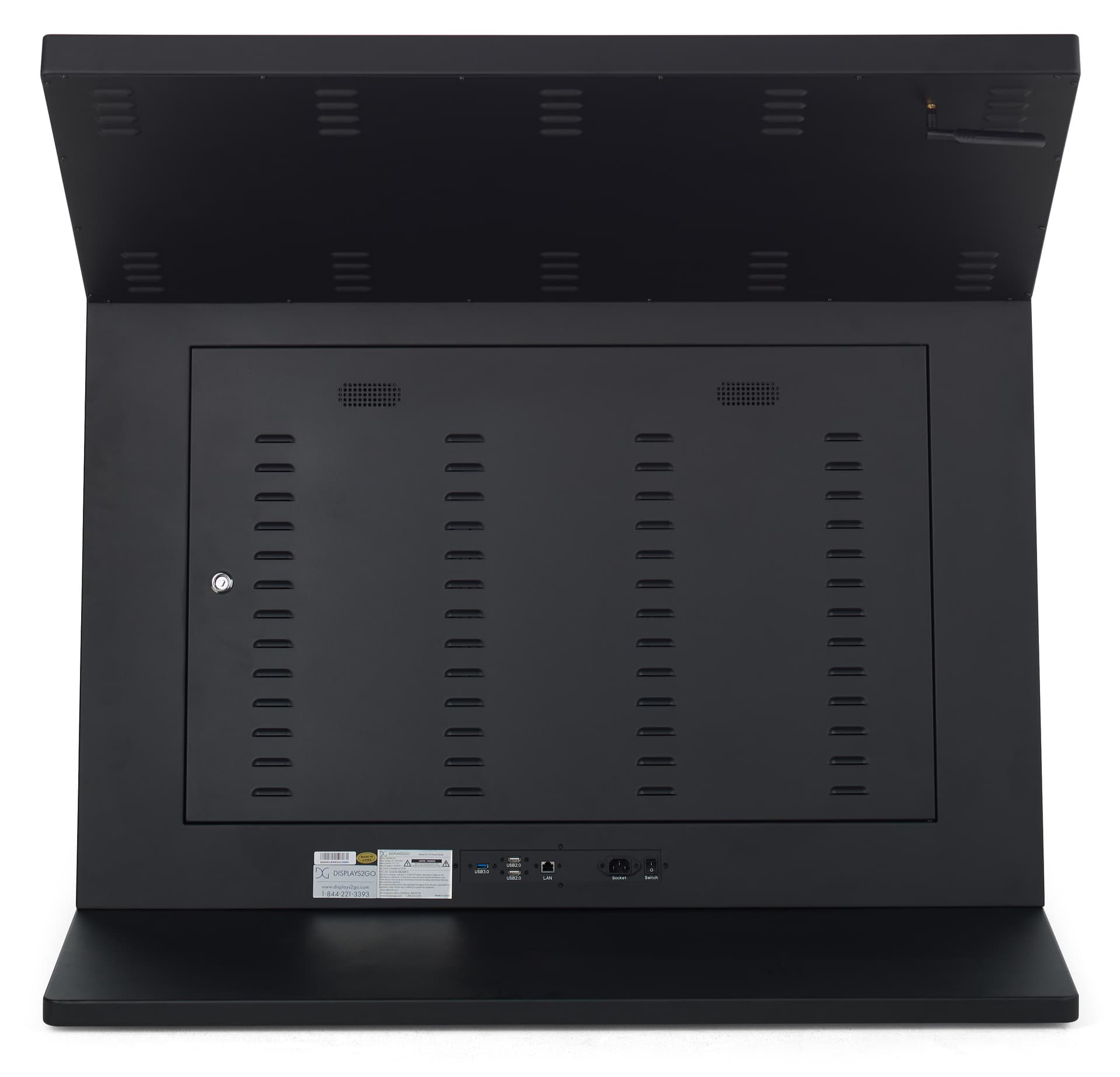 Touch screen interactive kiosk showcasing the back of the unit where the ports and antenna are located
