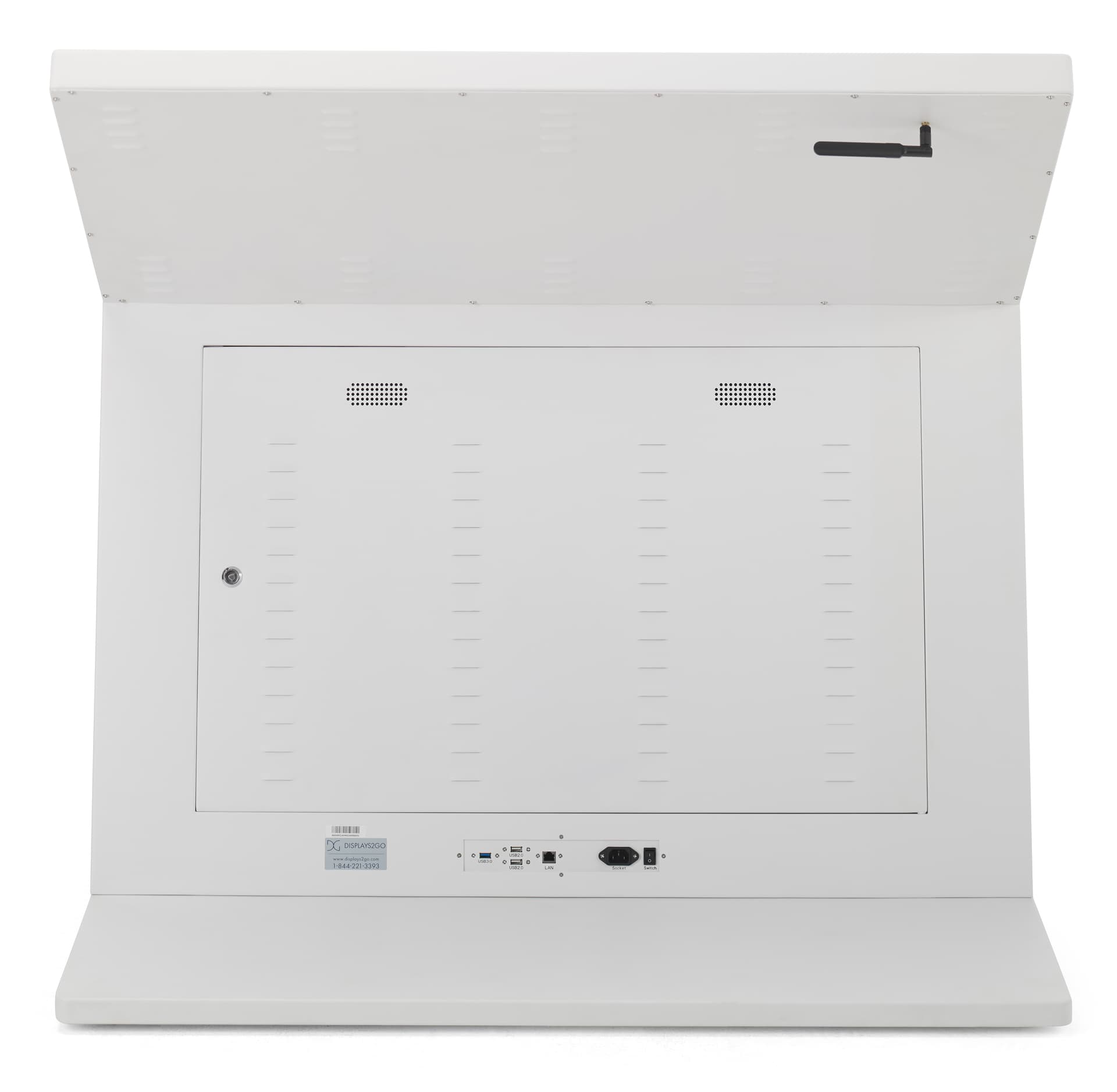 Touch screen interactive kiosk with all ports, maintenance panels, and antenna located on the back of the unit
