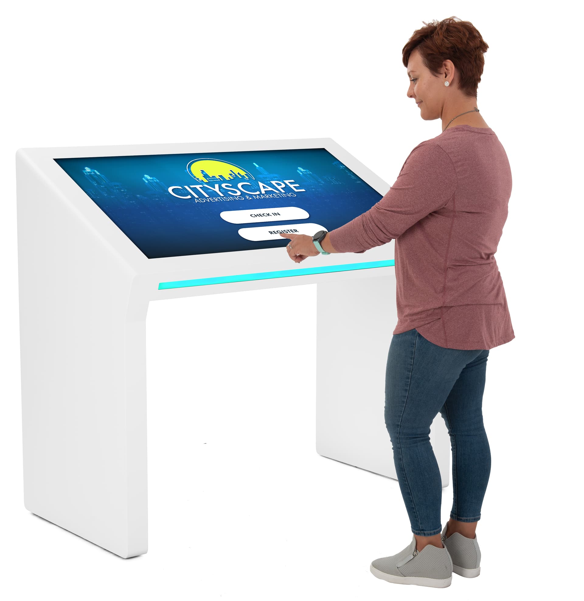Edge lit horizontal touch screen kiosk with customer interacting with screen