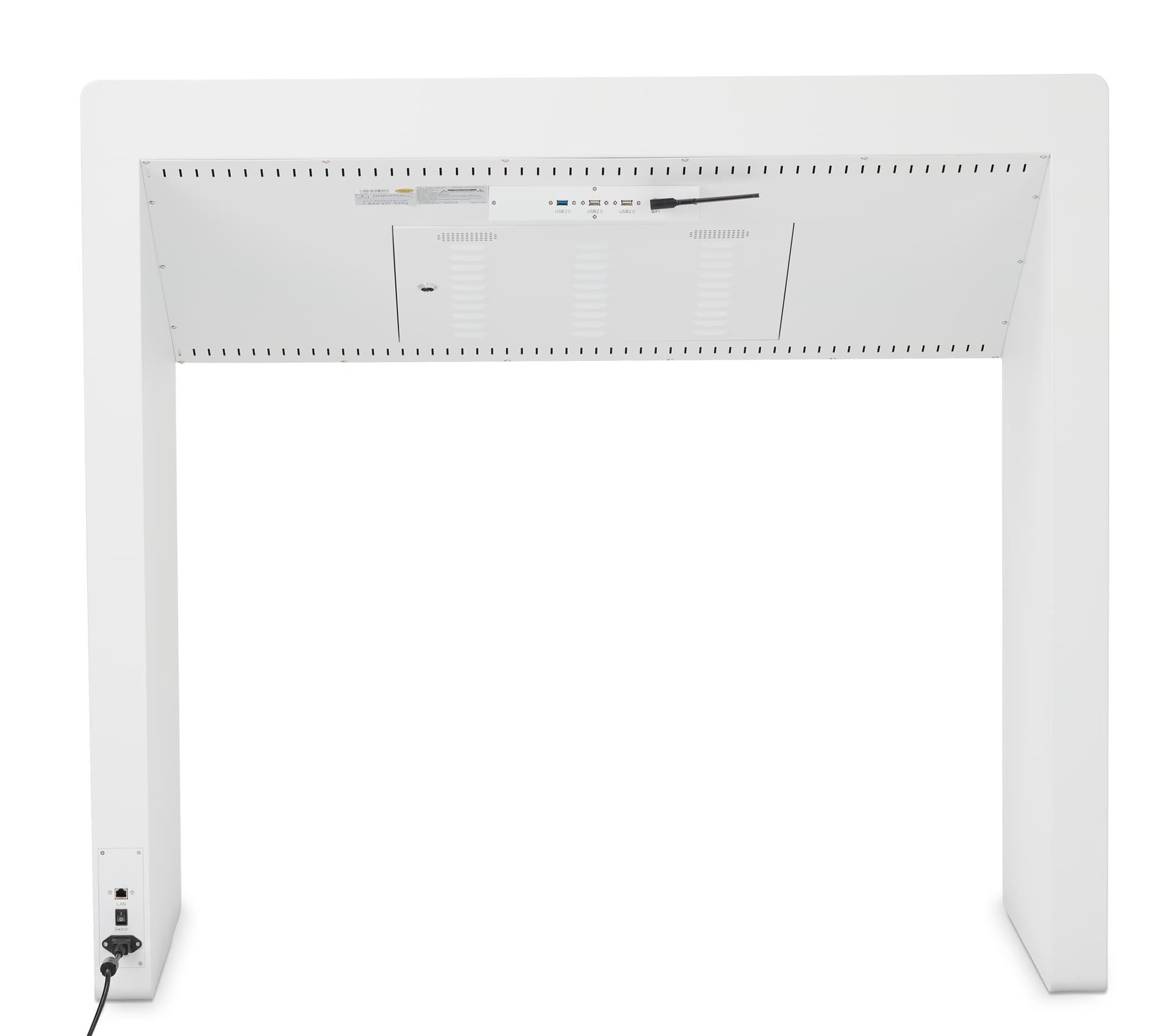 Back view of edge lit horizontal touch screen kiosk showing back access door for mechanical needs
