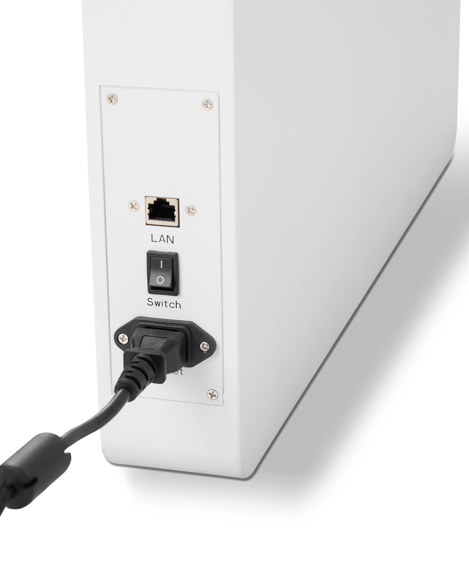 Close up of power source, power switch and LAN connection on leg of edge lit horizontal touch screen kiosk 