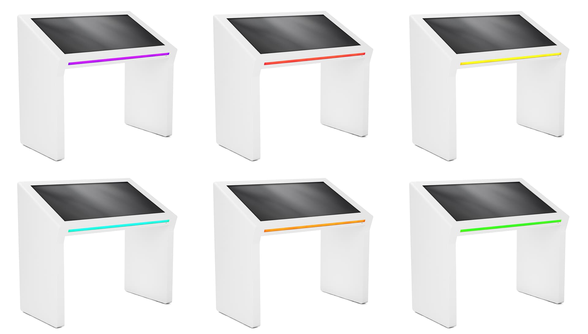 Edge lit horizontal touch screen kiosk showcasing purple, red, yellow, teal, orange, and green LED light color settings
