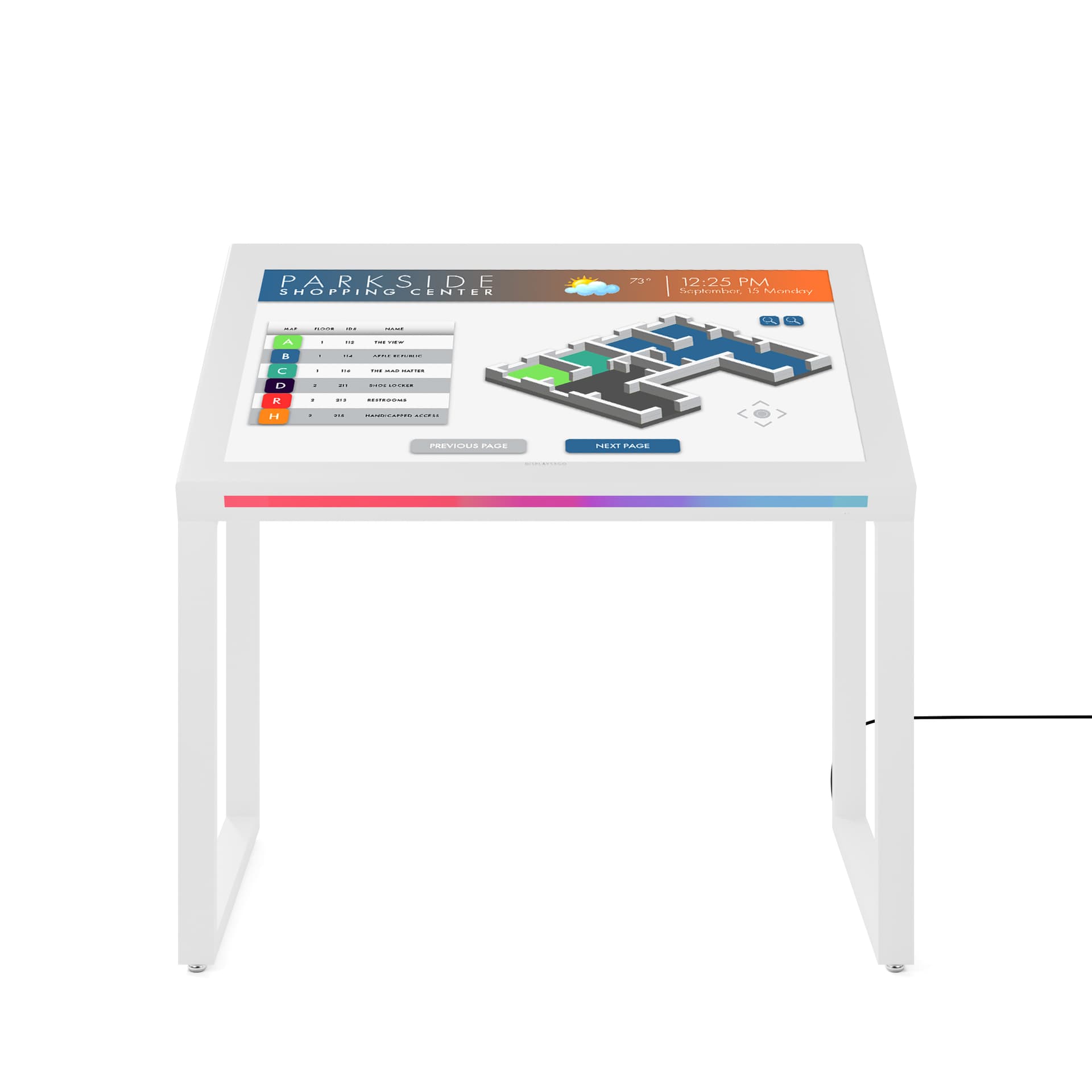 Edge lit horizontal touch screen kiosk with front LED strip showing an interactive wayfinding graphic