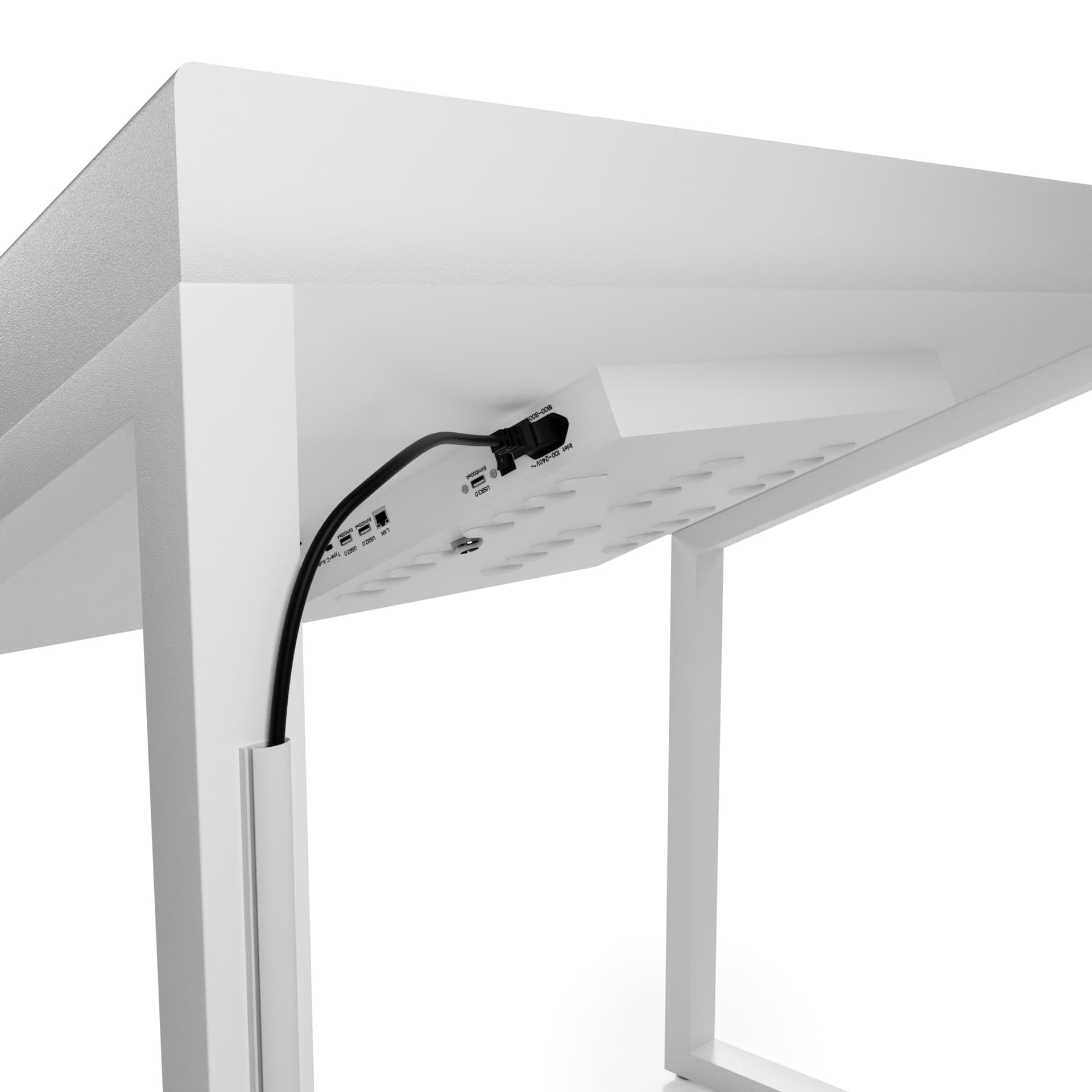 Edge lit horizontal touch screen kiosk with included cord management that adheres to the leg of the unit for a clear look