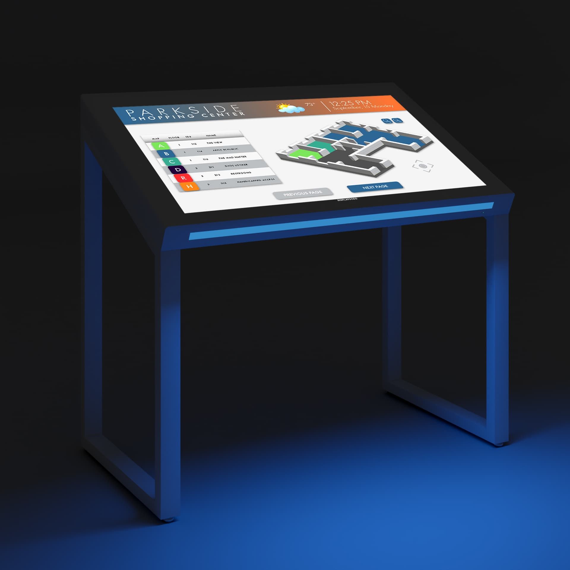 Edge lit horizontal touch screen kiosk shown in dark space to showcase the illuminated LED strip feature