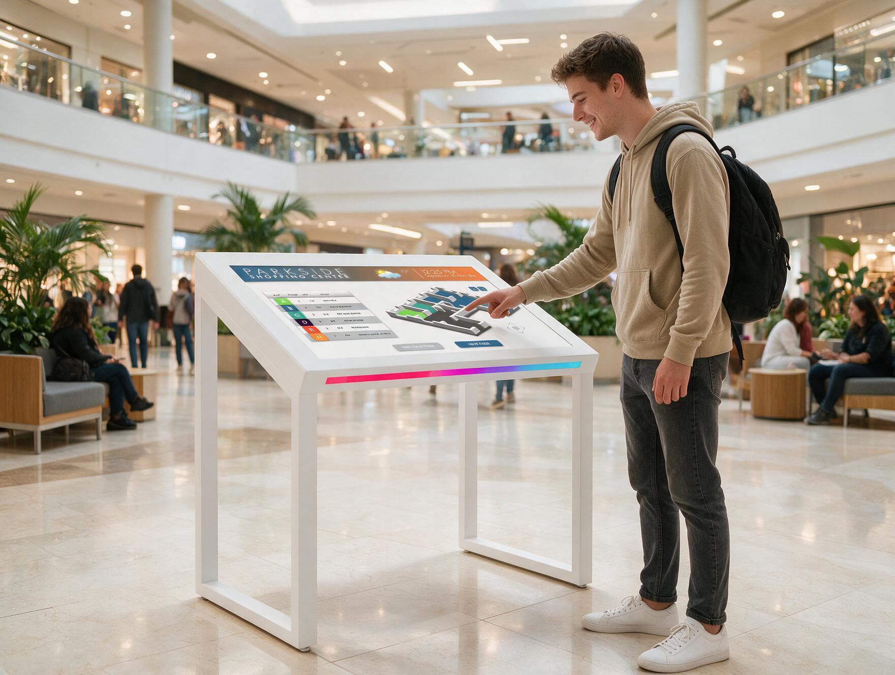 Edge lit horizontal touch screen kiosk being utilized in a mall setting as a wayfinding application