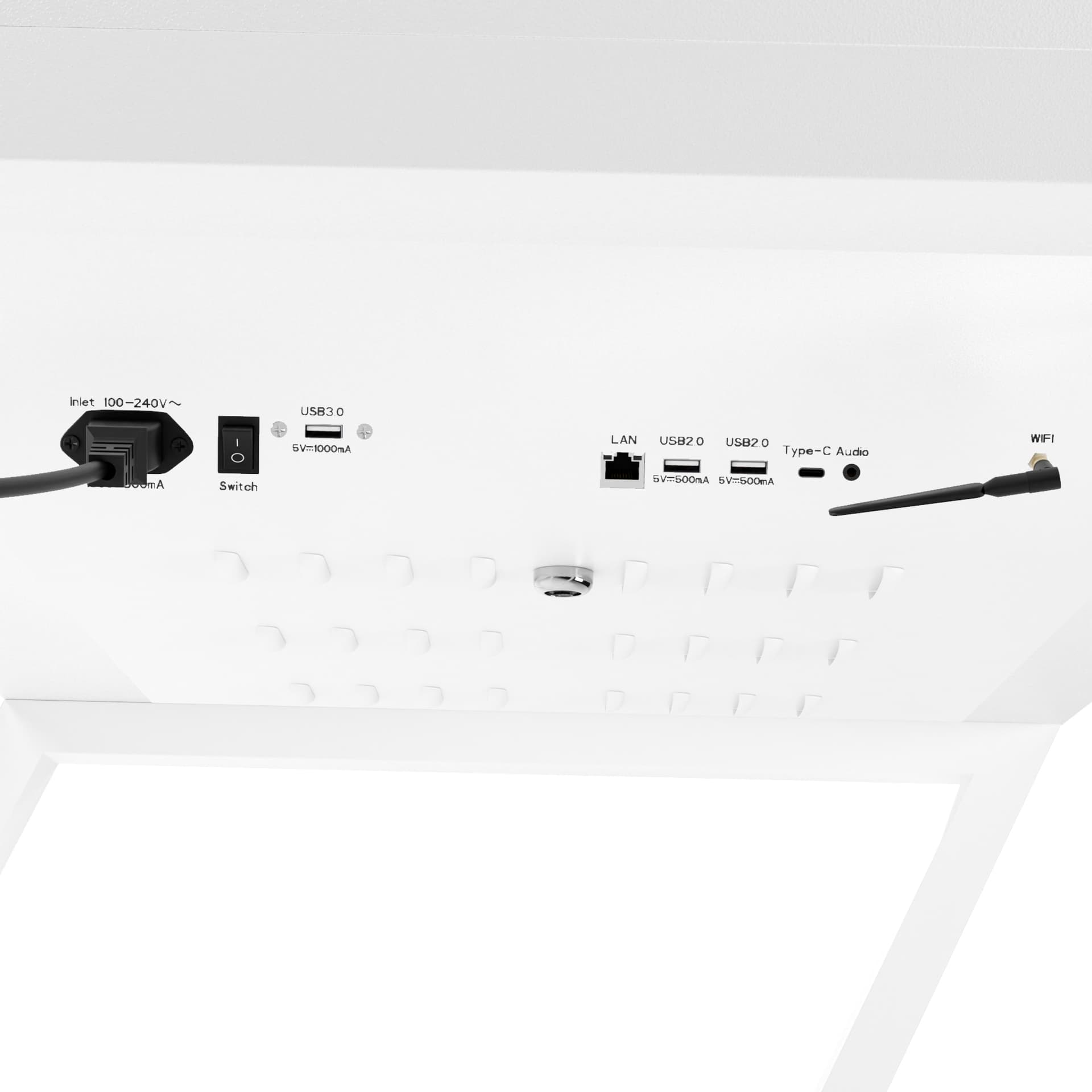 Close up of ports on edge-lit horizontal touch screen kiosk