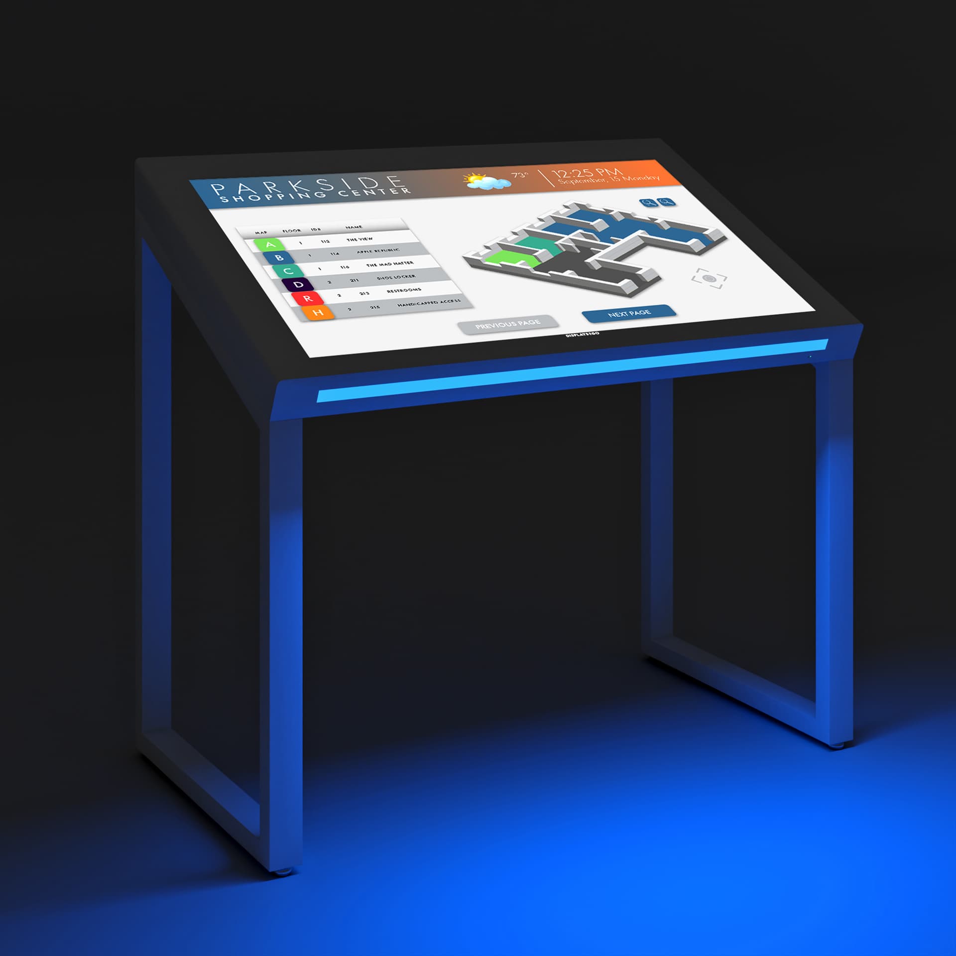 Edge-lit horizontal touch screen kiosk in dark space to showcase LED illumination