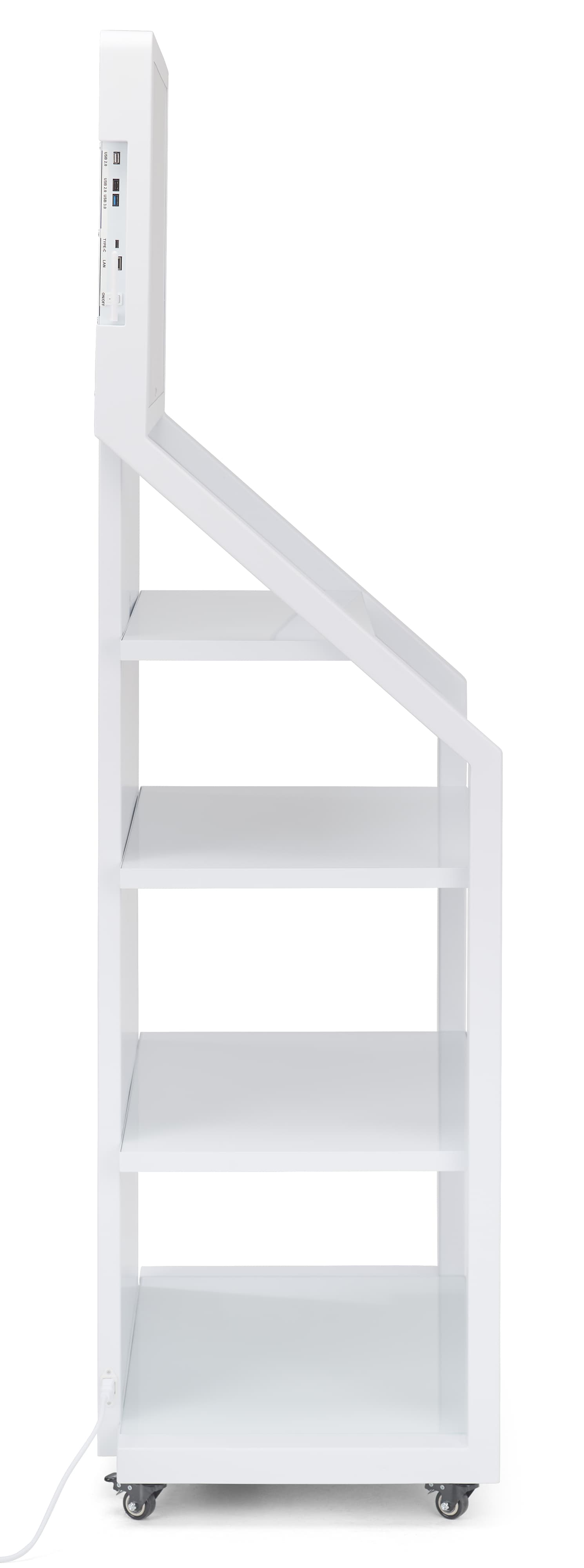 Product display shelves with its sleek and clean side profile where the ports are also located